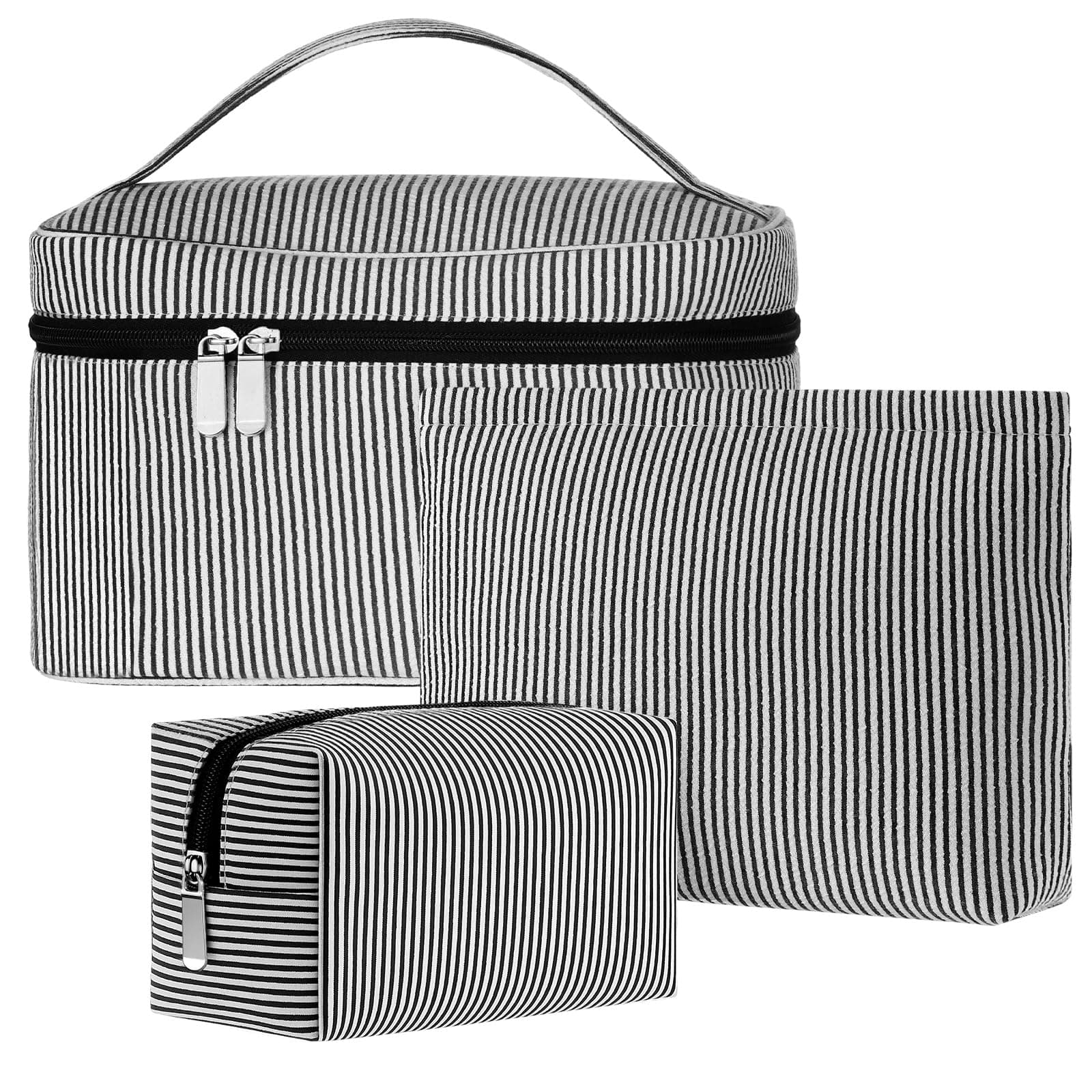Huhumy 3 Pieces Makeup Bag Set for Women Cute Seersucker Cosmetic Pouch Travel Toiletry Bag Preppy Small Makeup Purse Pouch Aesthetic Skincare Brushes Storage Organizer for Women, Black, Stripe