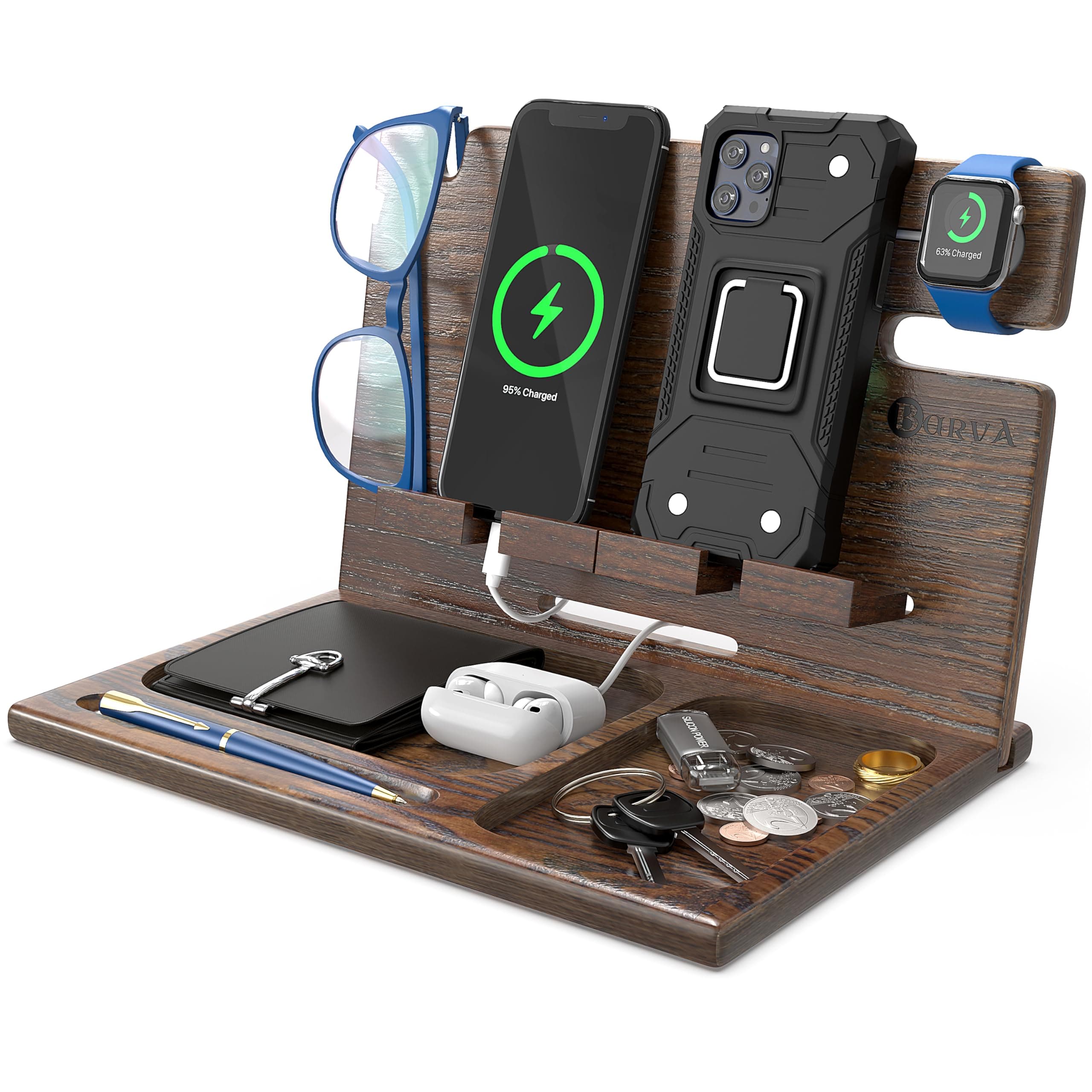 Wood 2 Cell Phone Stand Smartwatch Wallet Holder. Man Cave Multiple Gadget Dock Mobile Accessory Organizer. Nightstand Tablet Charging Docking Station. Wooden Desk Storage. Bed Side Dresser Valet Tray