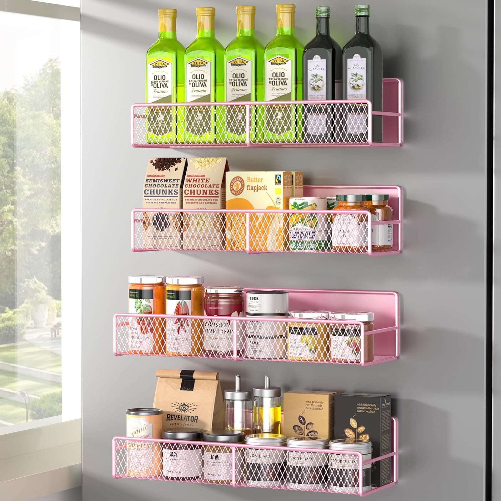 DTUQYX Magnetic Spice Rack for Refrigerator, 4 Pack Metal Magnetic Shelf Pink, Moveable Spice Organizer, Super Magnetic Fridge Shelf for Kitchen Organization and Storage