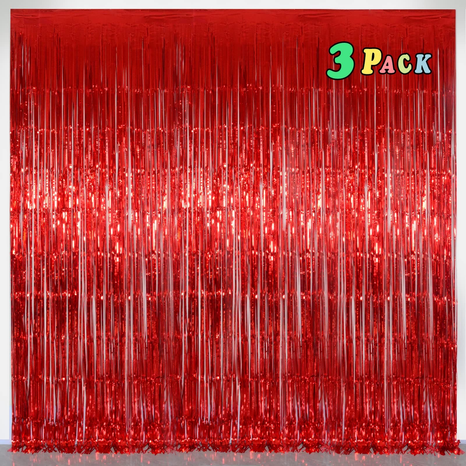 Red Metallic Tinsel Foil Fringe Curtains，Melsan 3.2 x 8 ft Foil Curtian Tinsel Backdrop Party Supplies for Birthday, Engagement, Christmas, Birthday, Anniversary, Valentine's Day - 3 Packs