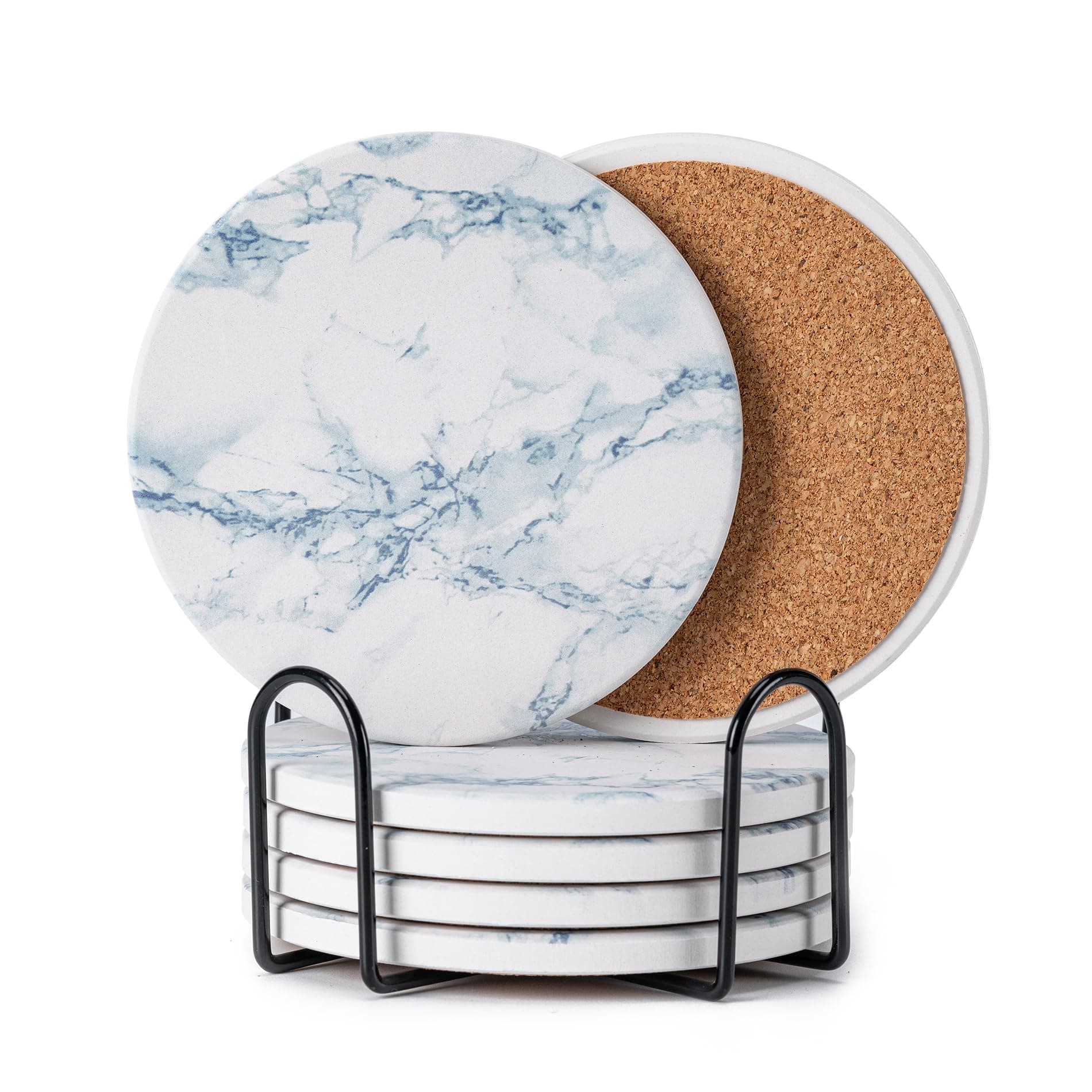 Hoewina 6Pcs Drink Coasters with Holder, Marble Style Ceramic Drink Coaster, Absorbent Coasters Set Suitable for Kinds of Cups, Modern Style Coasters for Coffee Table, 4 Inches（Blue Marble Style）