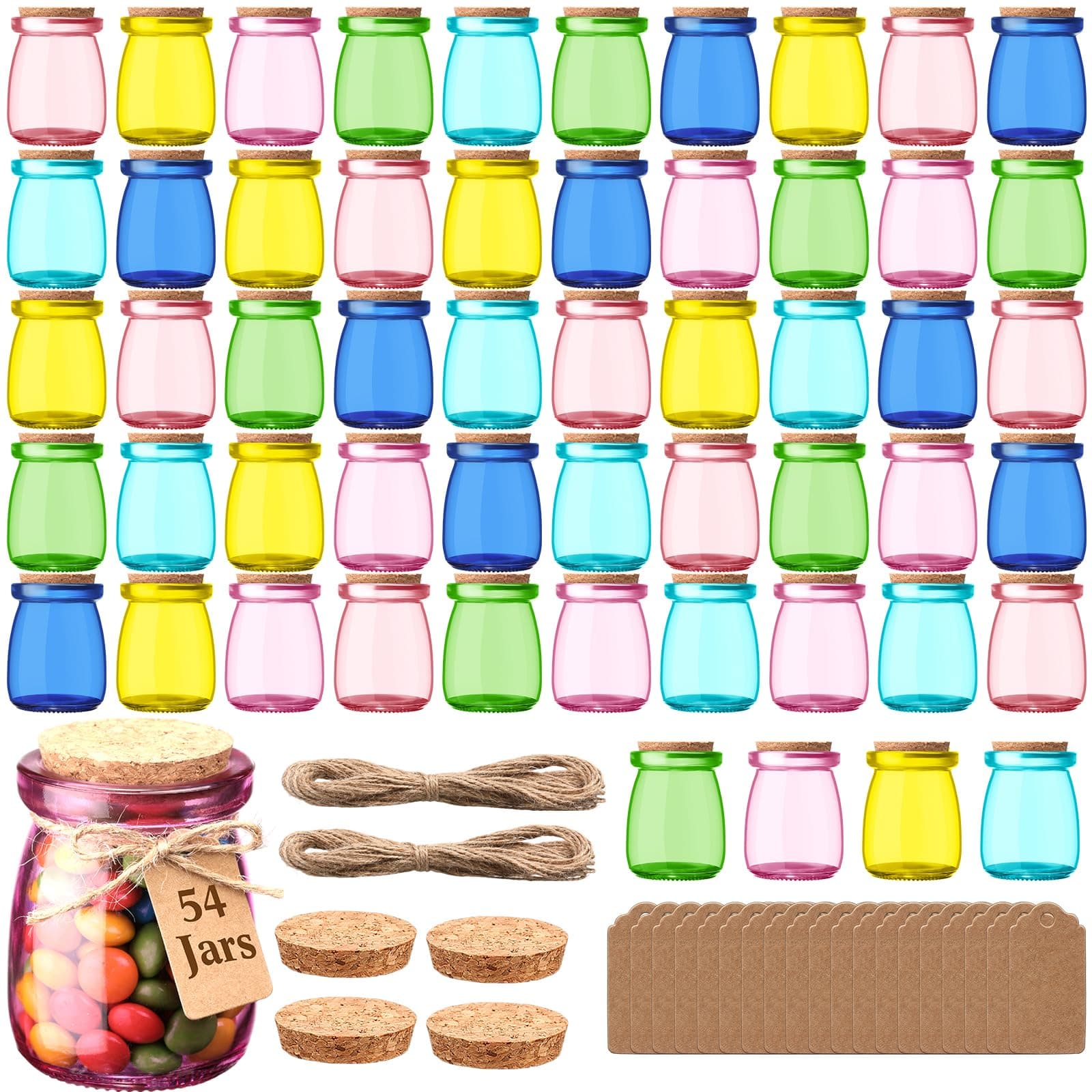 Qinyoung 54 Pack Mini Glass Gift Jars with Cork Lids, Tags and Twines 3.4 oz Colored Candy Containers Small Glass Bottles for Baby Shower Wedding Party Favors, Candle Yogurt Pudding Jelly Storage