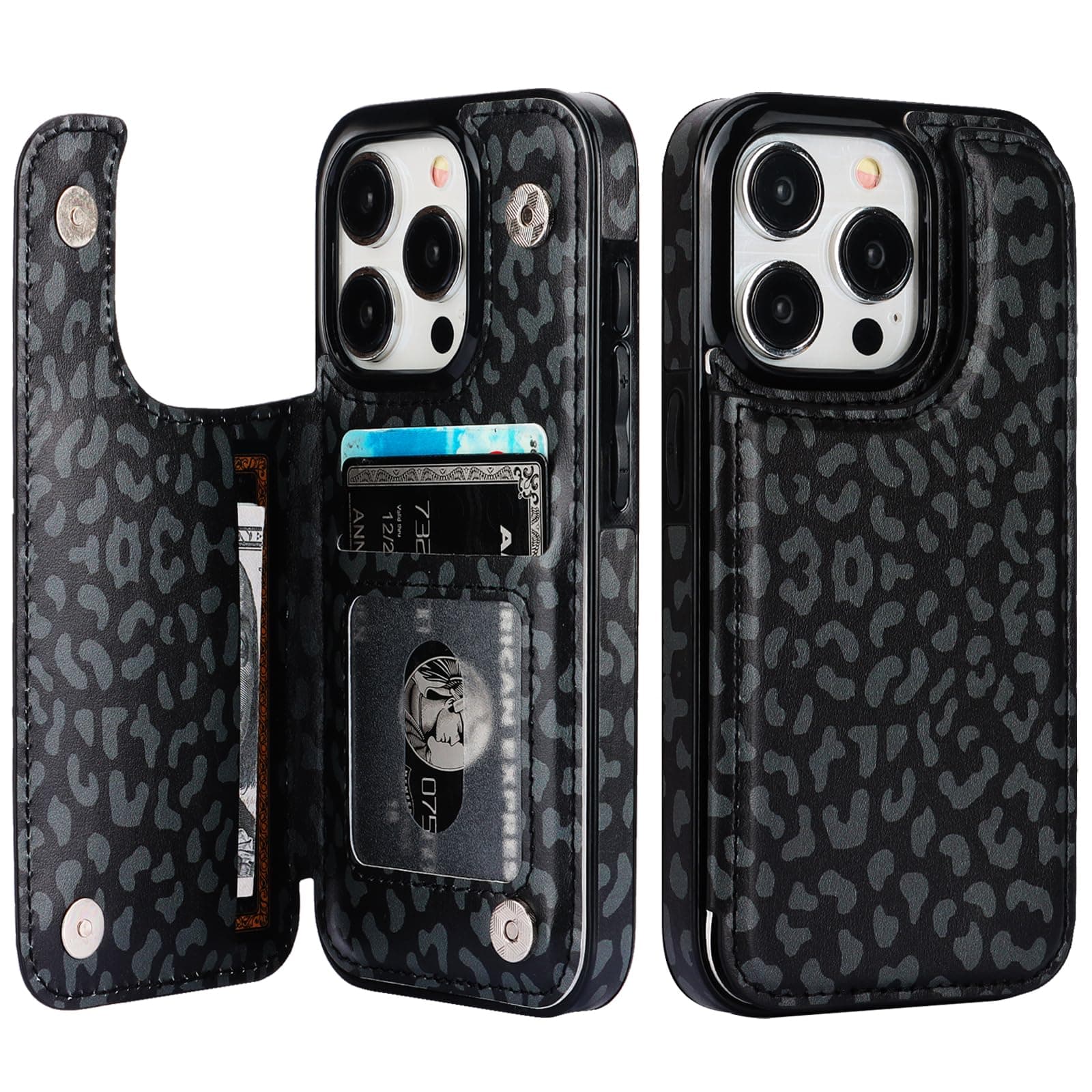 HAOPINSH for iPhone 15 Pro Wallet Case with Card Holder, Black Leopard Cheetah Pattern Back Flip Folio PU Leather Kickstand Card Slots Case for Women Girls, Double Magnetic Clasp Case 6.1"
