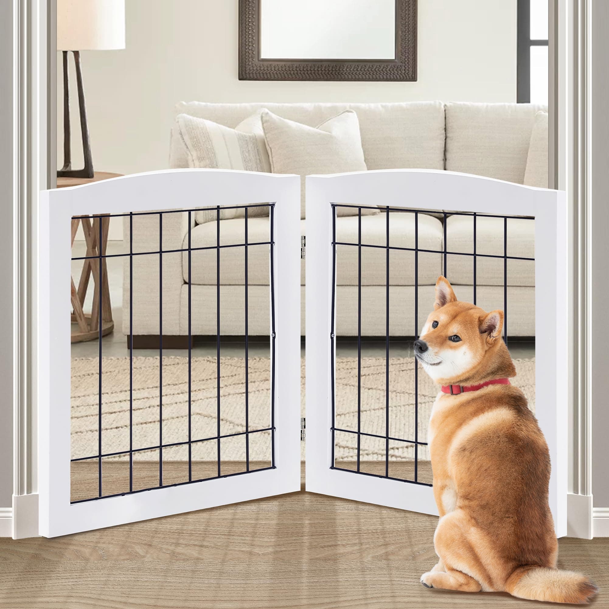 LZRS 2-Panel Freestanding Foldable Wood Dog Gate – Solid Wood & Steel Wire, Chew-Resistant Pet Barrier for Indoor Use, Ideal for Small to Medium Dogs, White