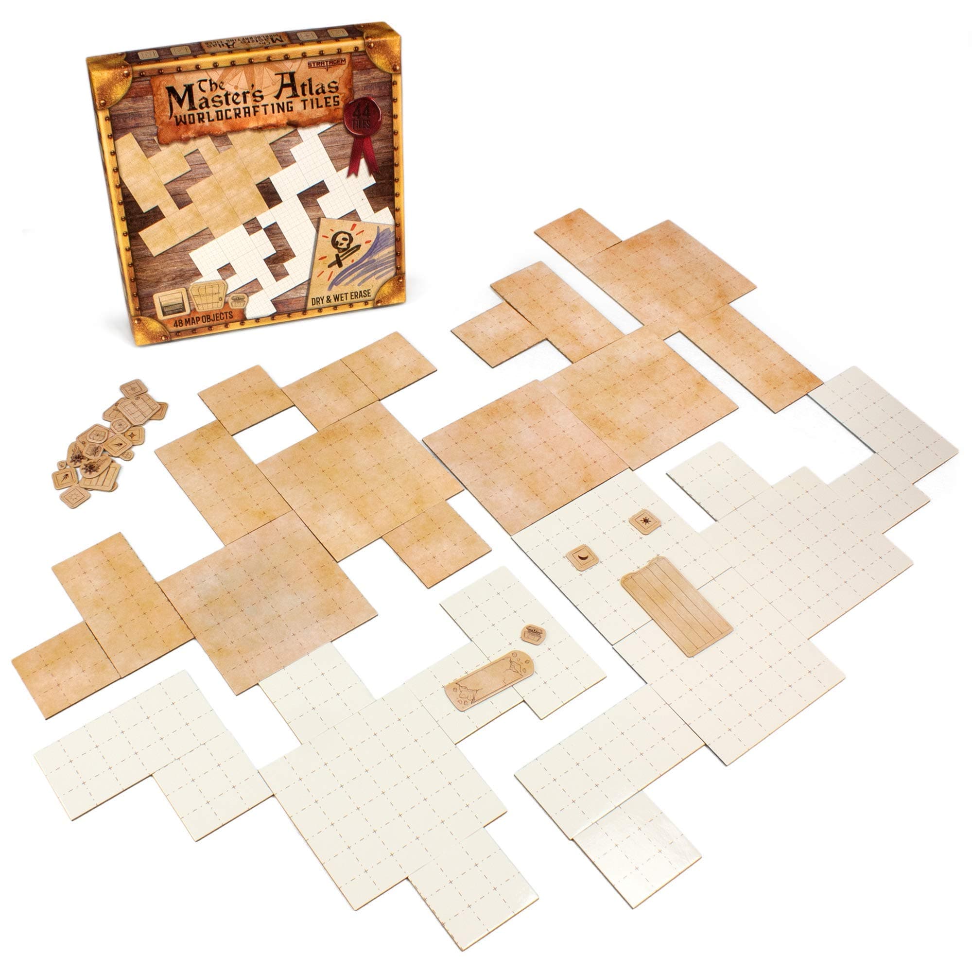 Stratagem The Master's Atlas Grid Tiles-Reversible Dry Wet Erase Battle Map for 3D DND-RPG Tabletop RPG Scenery-Dungeons Dragons Pathfinder- Tabletop Grid| Blank/Parchment - 44 Tiles & 48 Tokens