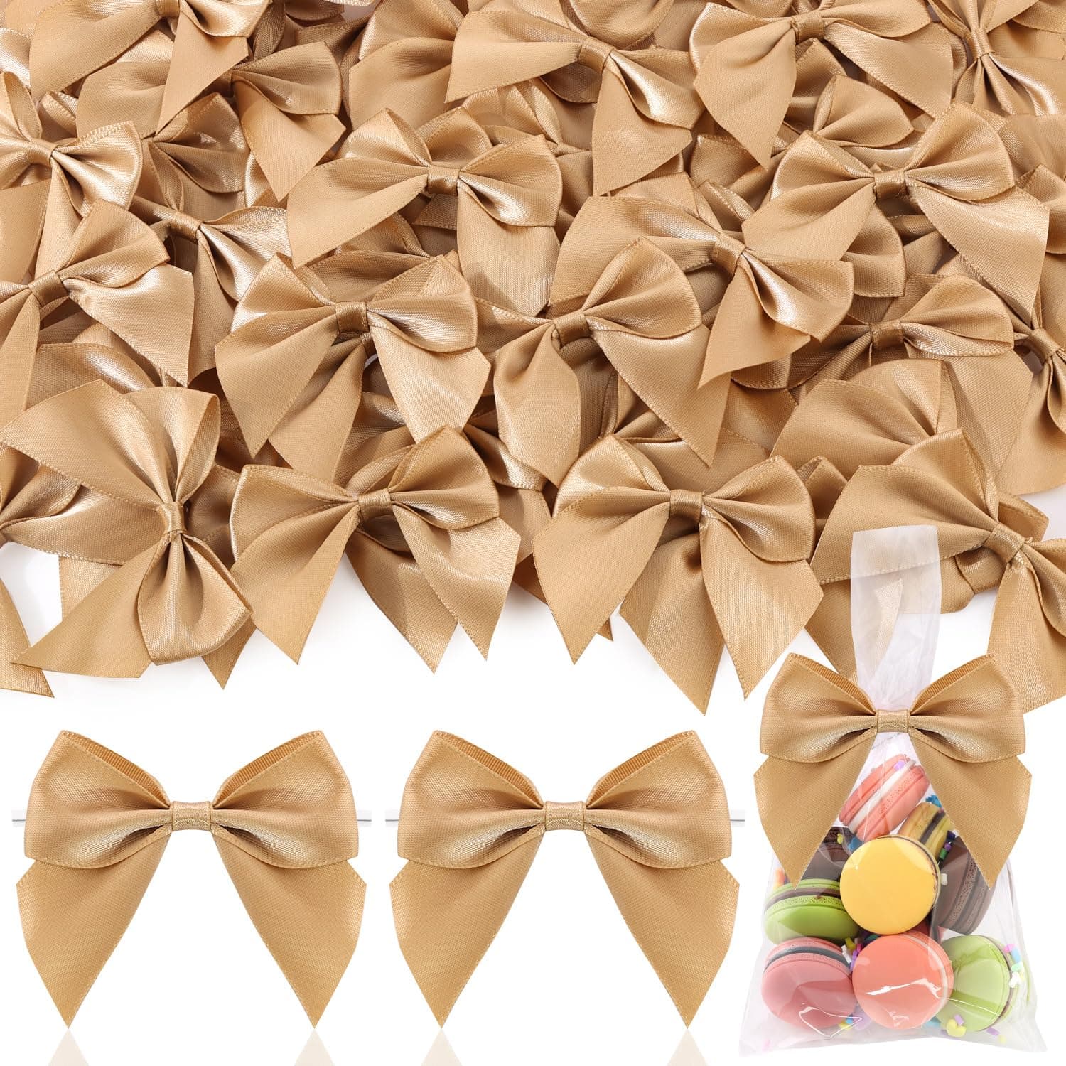 Tinkrstuff 50 Pcs Gold Bows for Crafts,Satin Ribbon Bow for Clothes Ornament, Fabric Bows for Party Decorations,Cute Accessories DIY Embellishments for Gift Wrapping,Cakes,Treats,Presents,Balloons