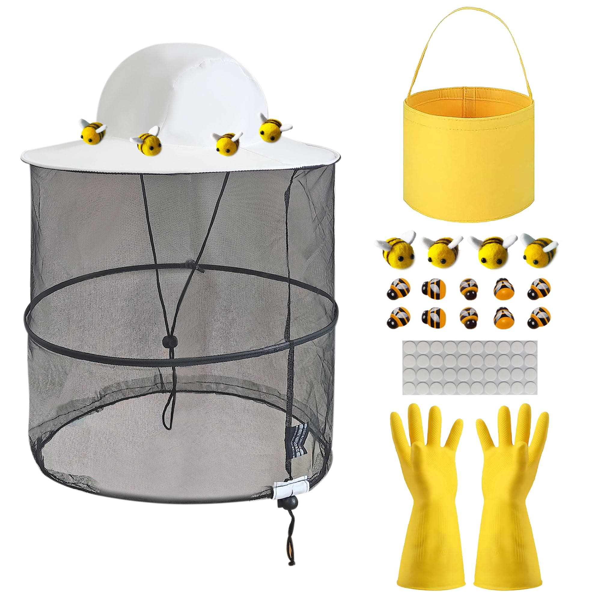38Pcs Beekeeper Set Including 1Pc Bee Hat, 4Pcs Wool Felt Bee,10pcs Small Wooden Bee,20Pcs Double Side Tape Yellow Beekeeping Gloves and Felt Bucket for Men Women Beekeeping Supplies Halloween Costume