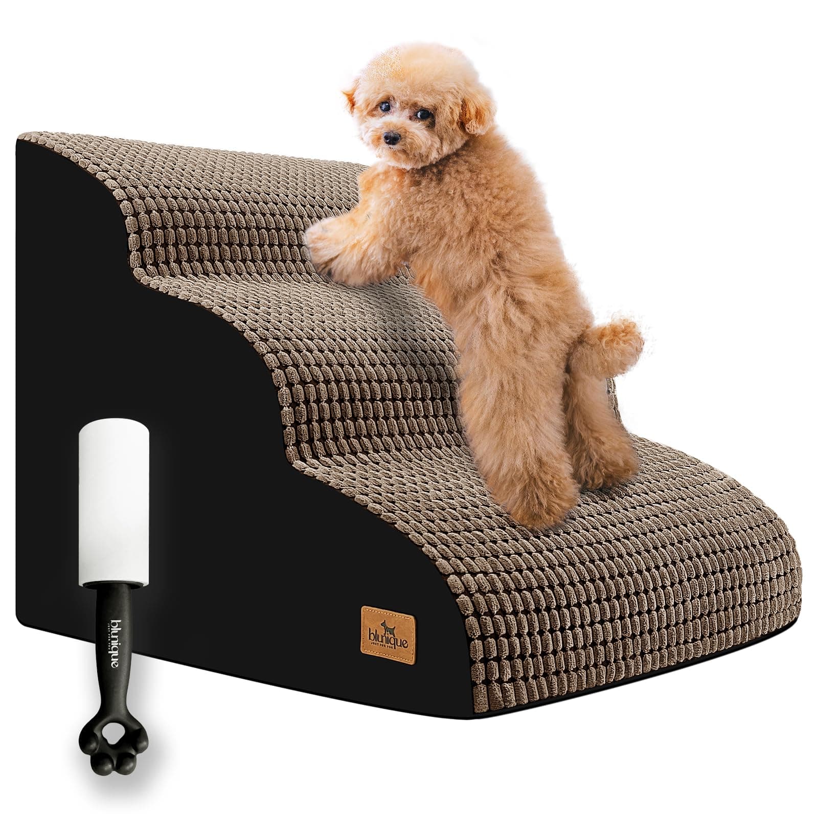 Blunique Dog Stairs for Small Dogs and Pets, 3-Step for High Beds and Couch, Foam Ramp With Durable Non-Slip Waterproof Fabric Cover, Brown