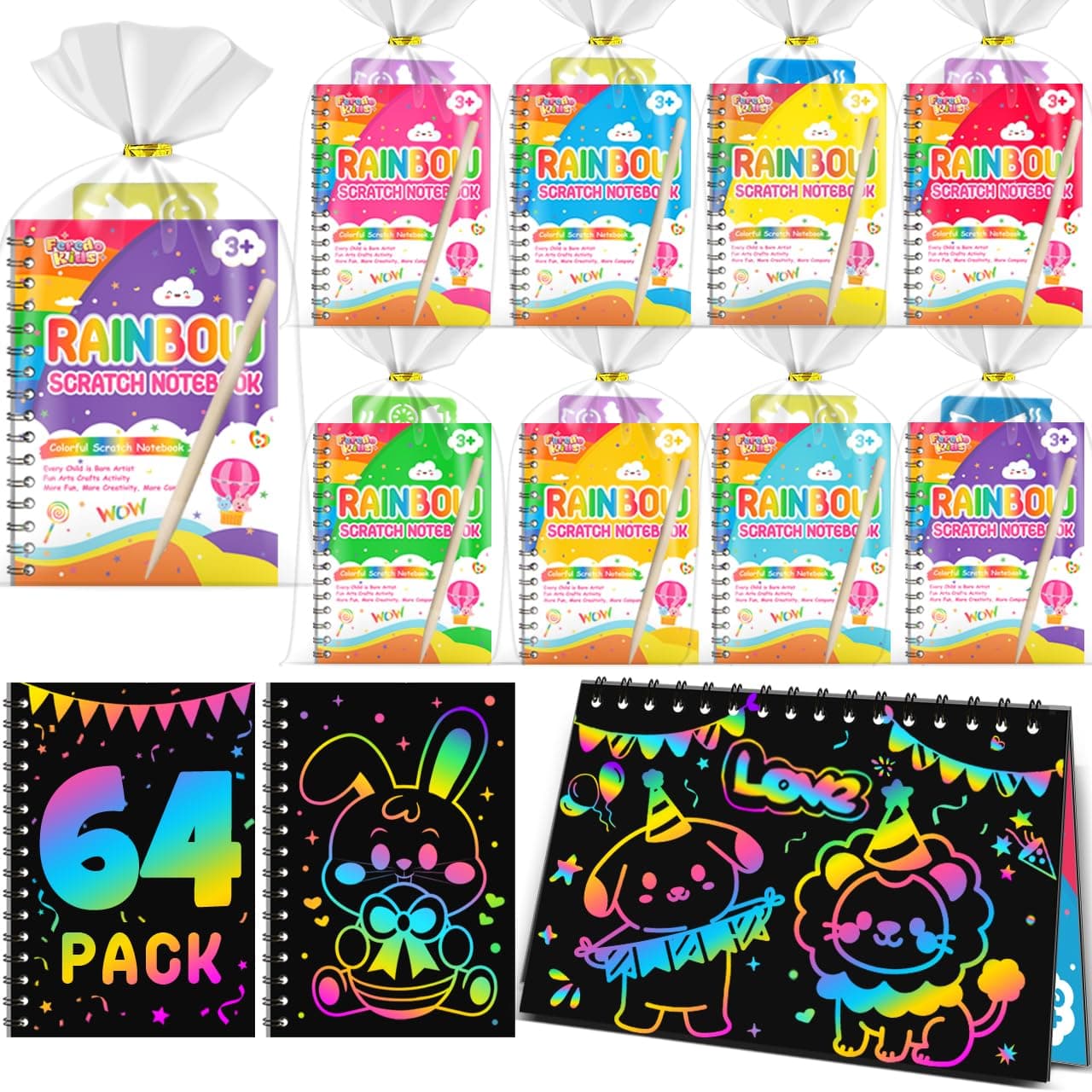 FEREDO KIDS 64 Pack Rainbow Scratch Notebook Art Party Favors for Kids