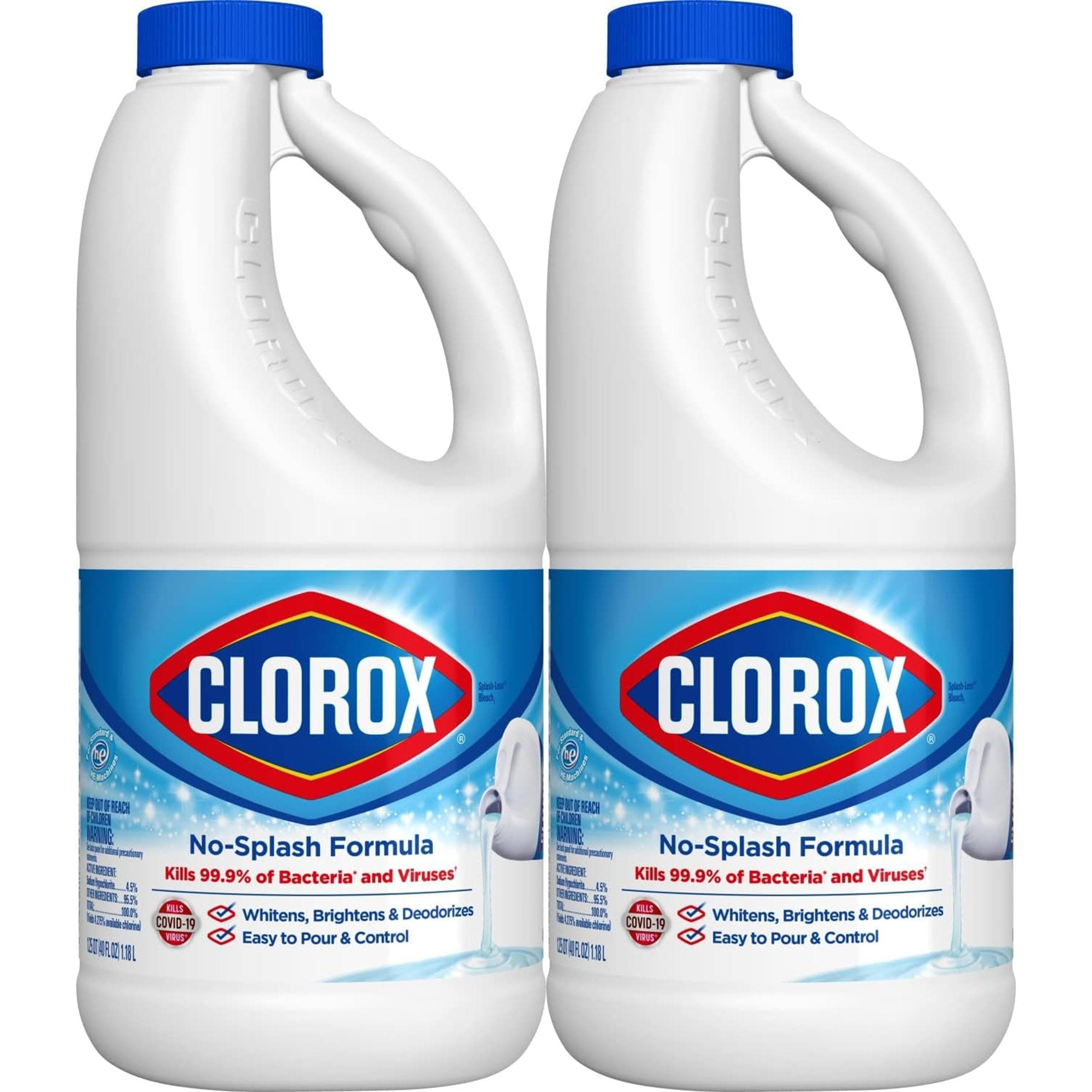 Clorox Splashless Disinfecting Bleach Cleaner, 2 Pack Regular Concentrated Liquid Bleach, Removes Mold, Mildew and Stains, Whitens, for Multi Purpose Cleaning and Laundry, 40 oz Bottles