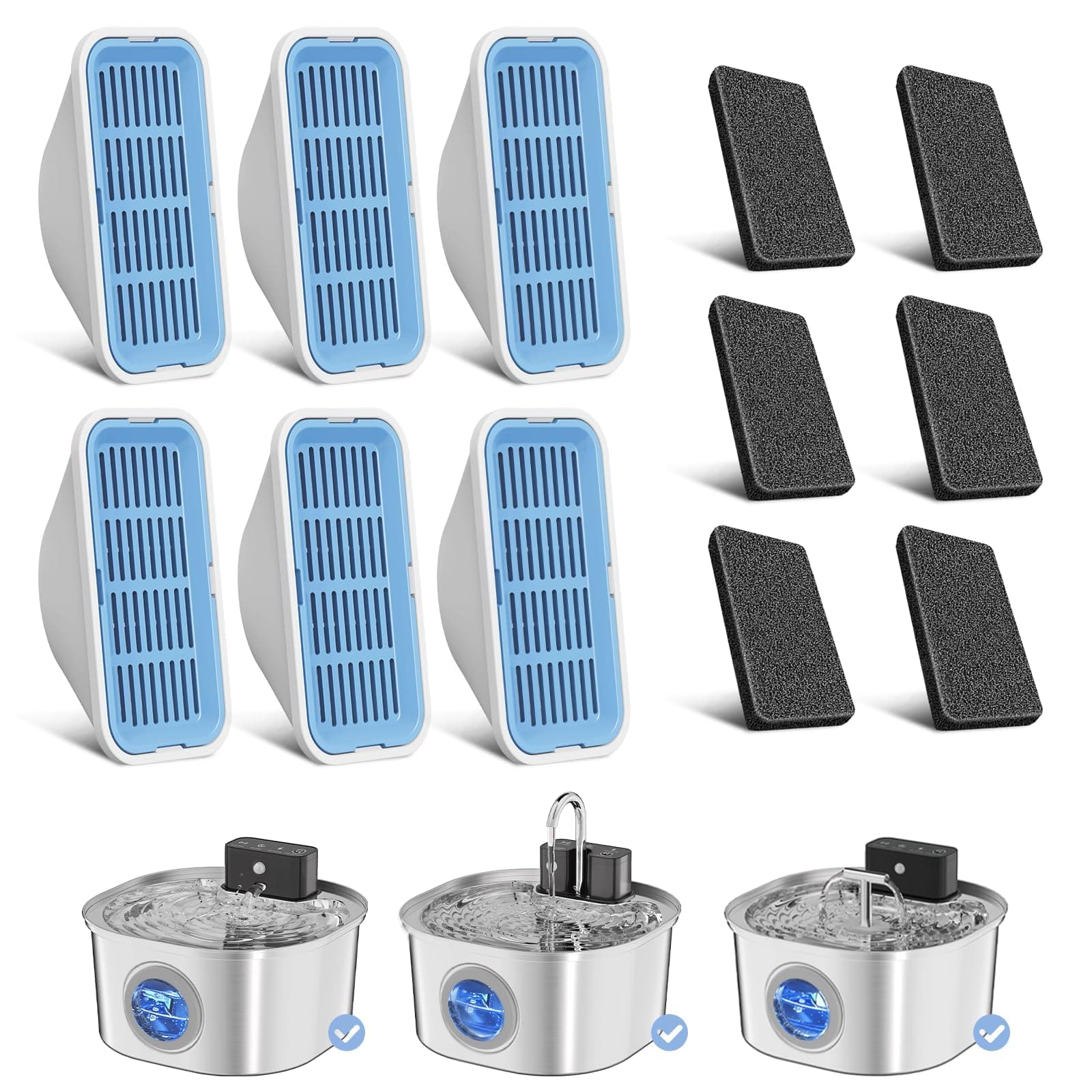 Replacement Cat Water Fountain Filters, 6 Filters and 6 Pre-Filter Sponges for 108oz/3.2L Stainless Steel Pet Water Fountain 309A/309B/309C