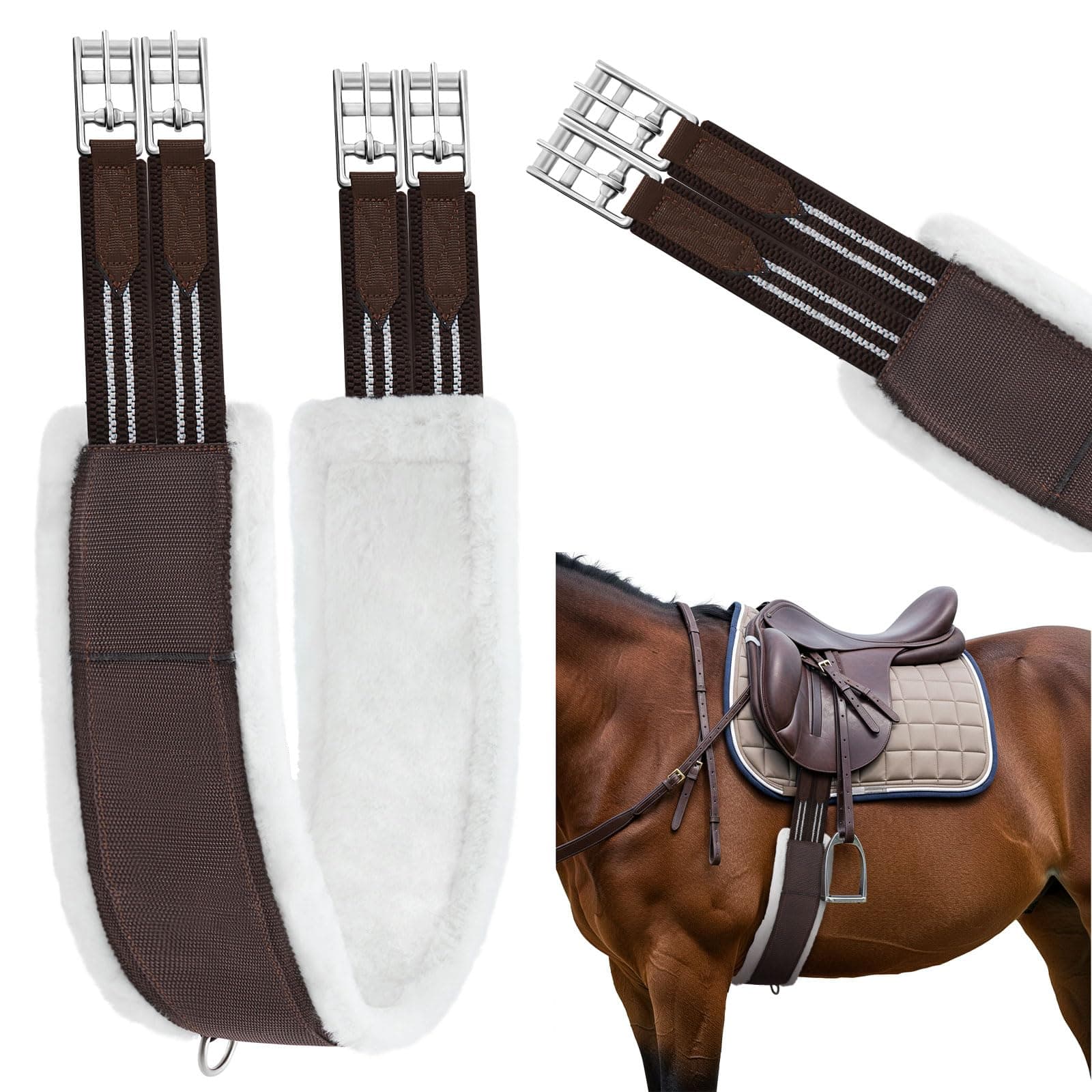 SilTriangle Brown English Girth for Horses Sizes 44-52 Inch Fleece Padded Dressage Horse Girth for English Saddle, Horse Competitions Riding, Double Elastic and Stainless Steel Buckles(50 Inch)