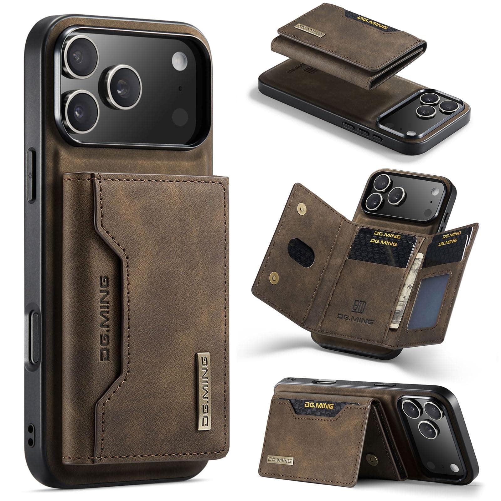 2 in 1 Wallet Case for iPhone 17 Pro Max, DG.MING Retro Leather Shockproof Protection Magnetic Back Cover with Detachable Trifold Wallet, 8-Slot Card Holder and Kickstand (Coffee)