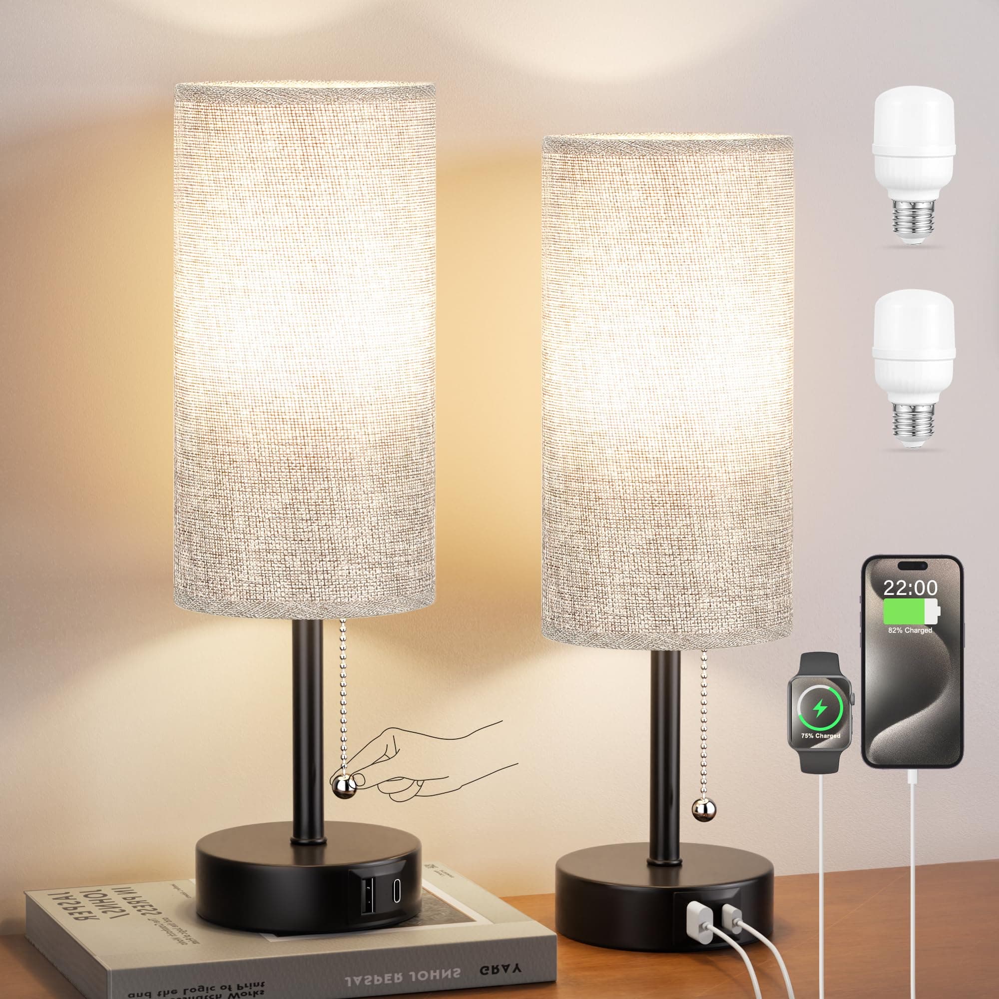 Fenmzee Bedside Lamps Set of 2 - Pull Chain Lamp with 3 Color Temperatures