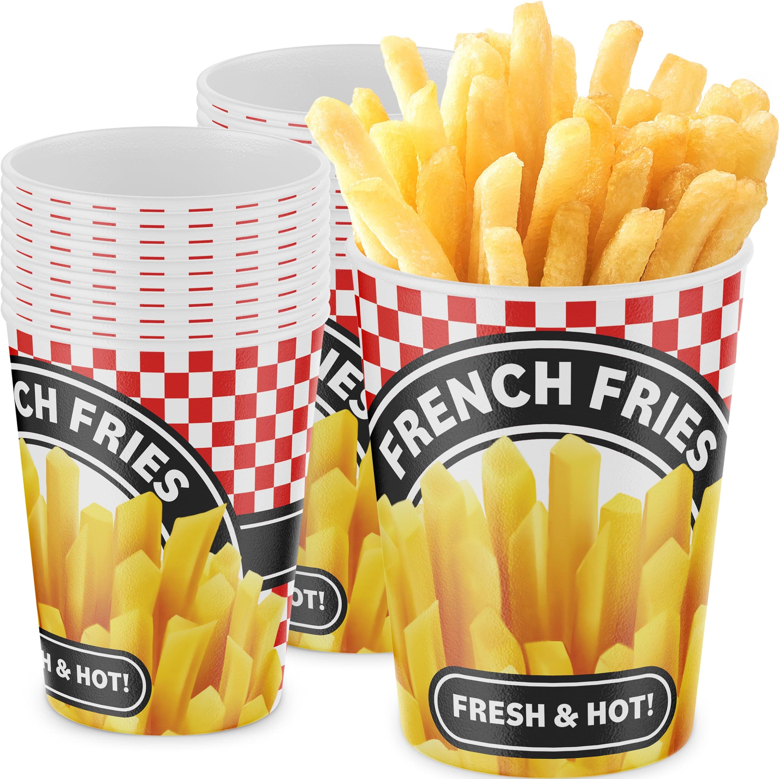 Durable Grease-Proof Paper French Fries Cups 250 Pk. Handheld Size Sturdy Red Checkered Fry Containers Hold 12oz of Food! Great for Movie Nights, Party Meals, Carnival Snacks and Food Trucks!