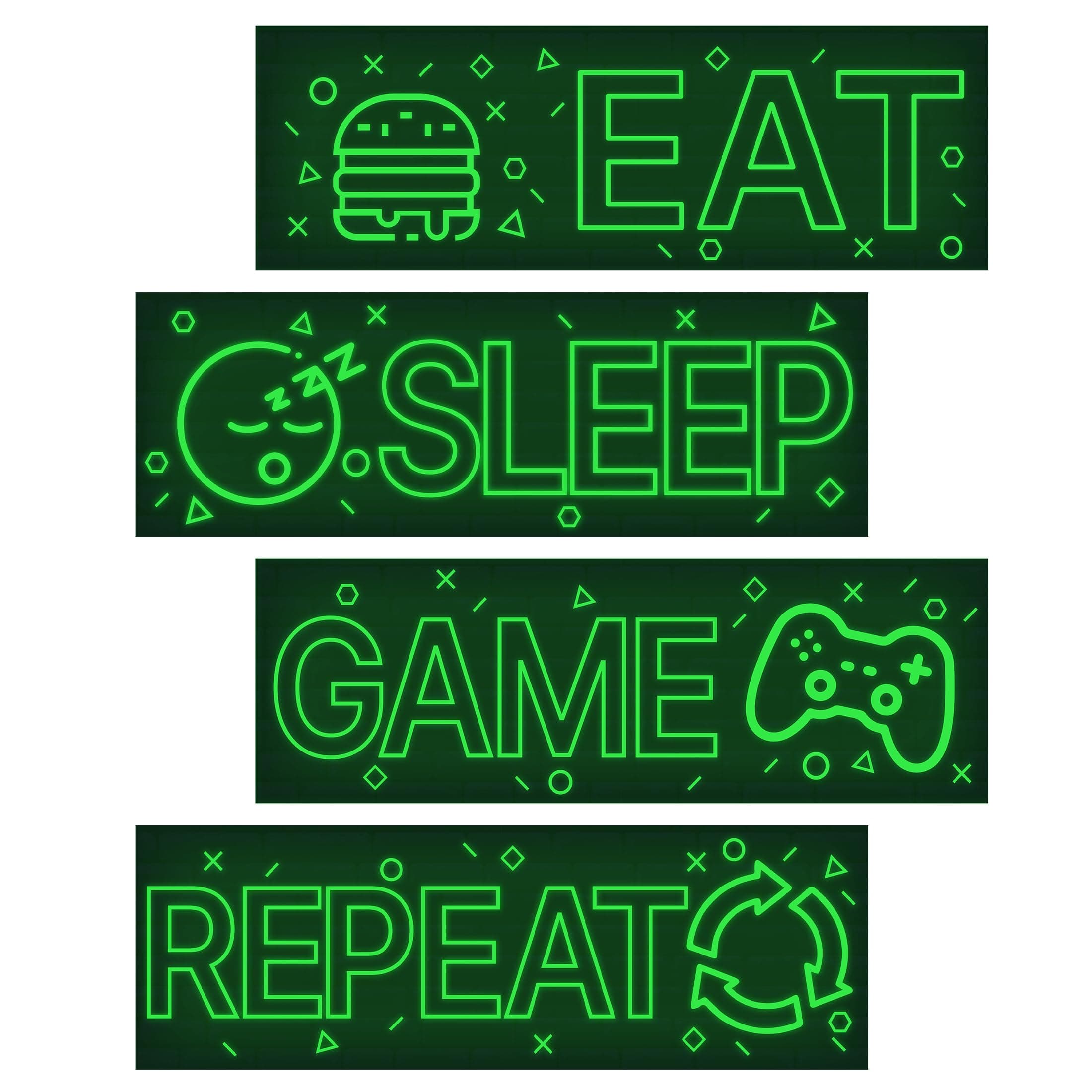 4 Pcs Glow in The Dark Neon Game Wall Stickers, Boys Gamer Room Wall Decals, EAT Sleep Game Repeat Gaming Wall Art Sticker, Kids Bedroom PlayRoom Nursery Party Decoration (Green)