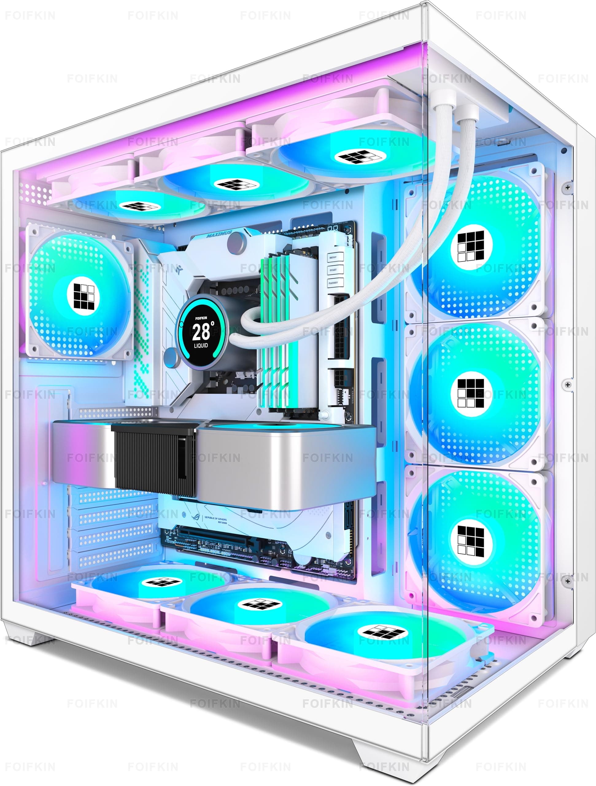 FOIFKIN F600 PC Case - Pre-Installed 7 PWM ARGB Fan, ATX Mid-Tower Gaming PC Case, 270° Panoramic Glass with Type-C, FOIFKIN (Black, F600) (White, F600)