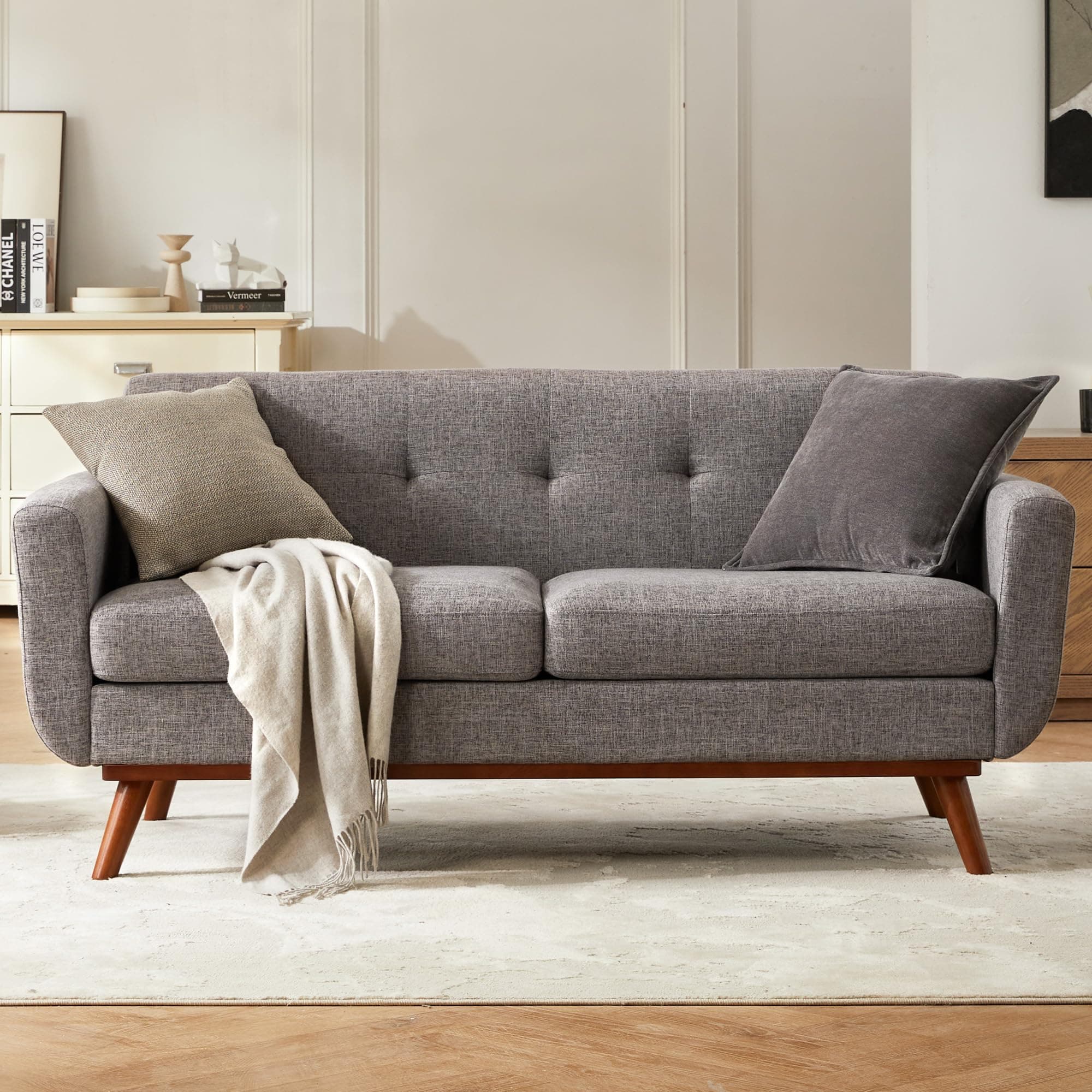 Kingfun 65.2" W Loveseat Sofa, Mid Century Modern Decor Love Seat Couches for Living Room, Button Tufted Upholstered Furniture, Solid & Easy to Install Small Couch for Bedroom Office Apartment