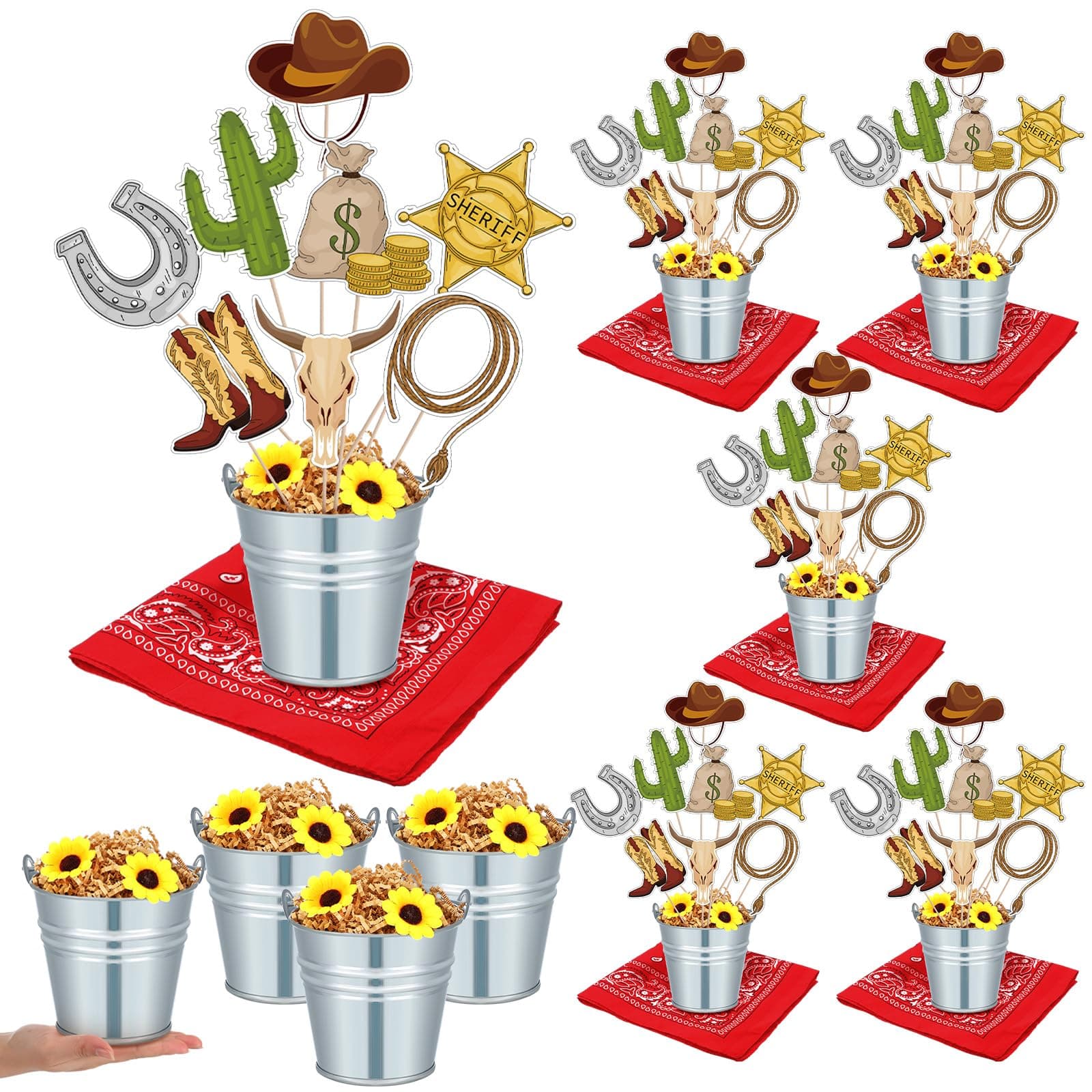 RimCereal 6 Sets 125 Pcs Western Cowboy Centerpieces for Tables Western Themed Party Table Toppers with Metal Buckets Cowboy Boot Cards for Cowboy Birthday Party Wedding Baby Shower Decor