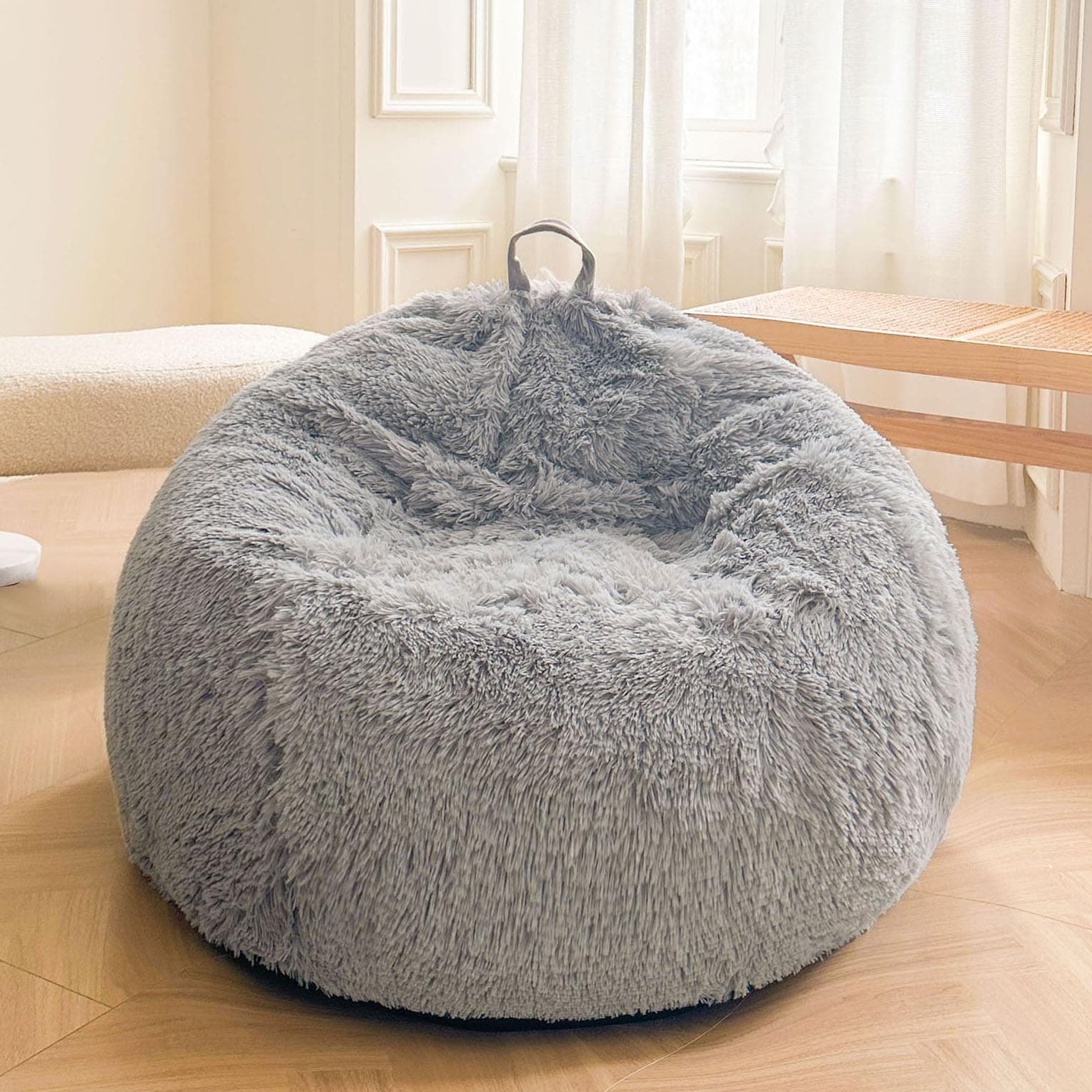 XeGe Kids Fluffy Faux Fur Bean Bag Chair Cover(No Filler), Light Grey