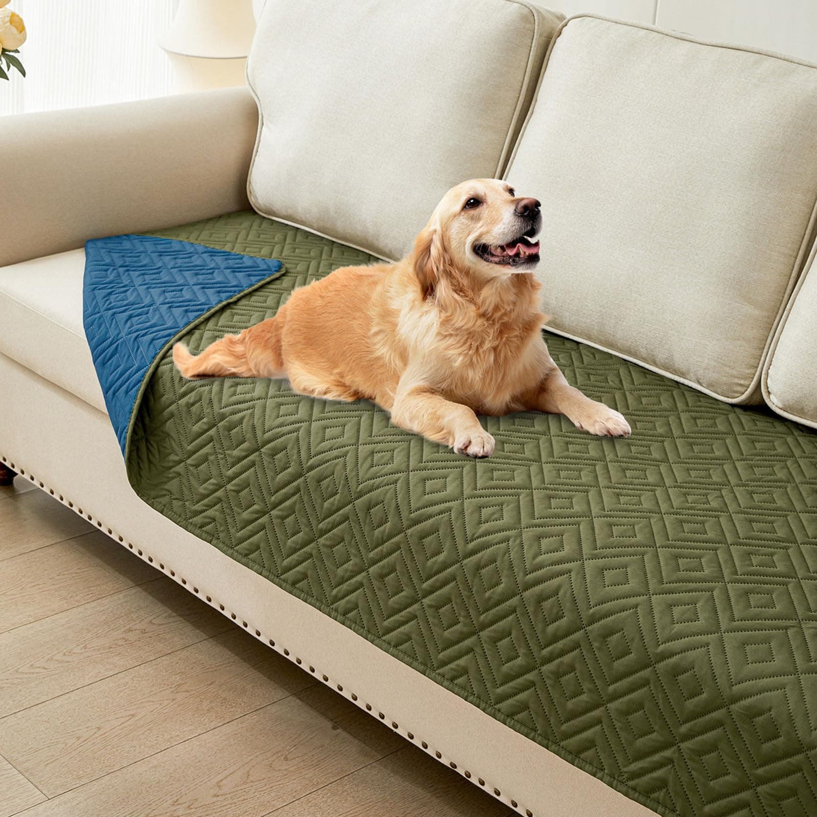 hyha Waterproof Dog Blanket, Soft Pet Bed Blankets, Waterproof Sofa Couch Cover for Dogs Washable, Reversible Pet Couch Covers for Sofa Furniture (30x90 Inch, Green/Navy Blue)