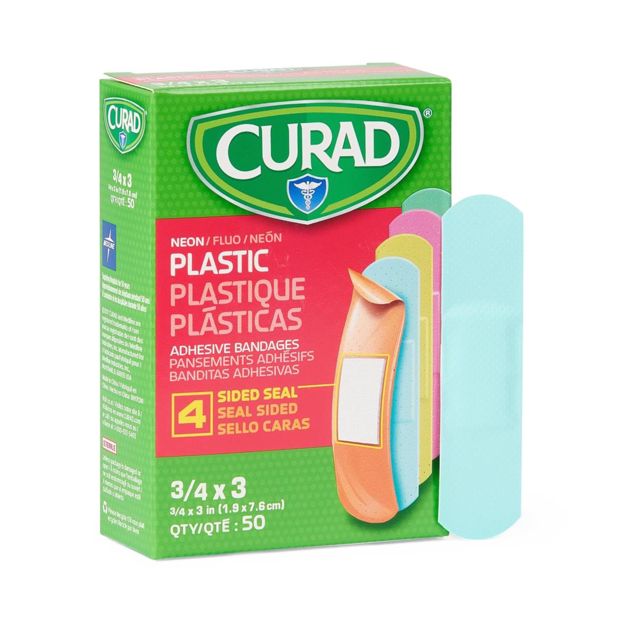 CURAD Neon Plastic Adhesive Bandages, 3/4" x 3". Box of 50