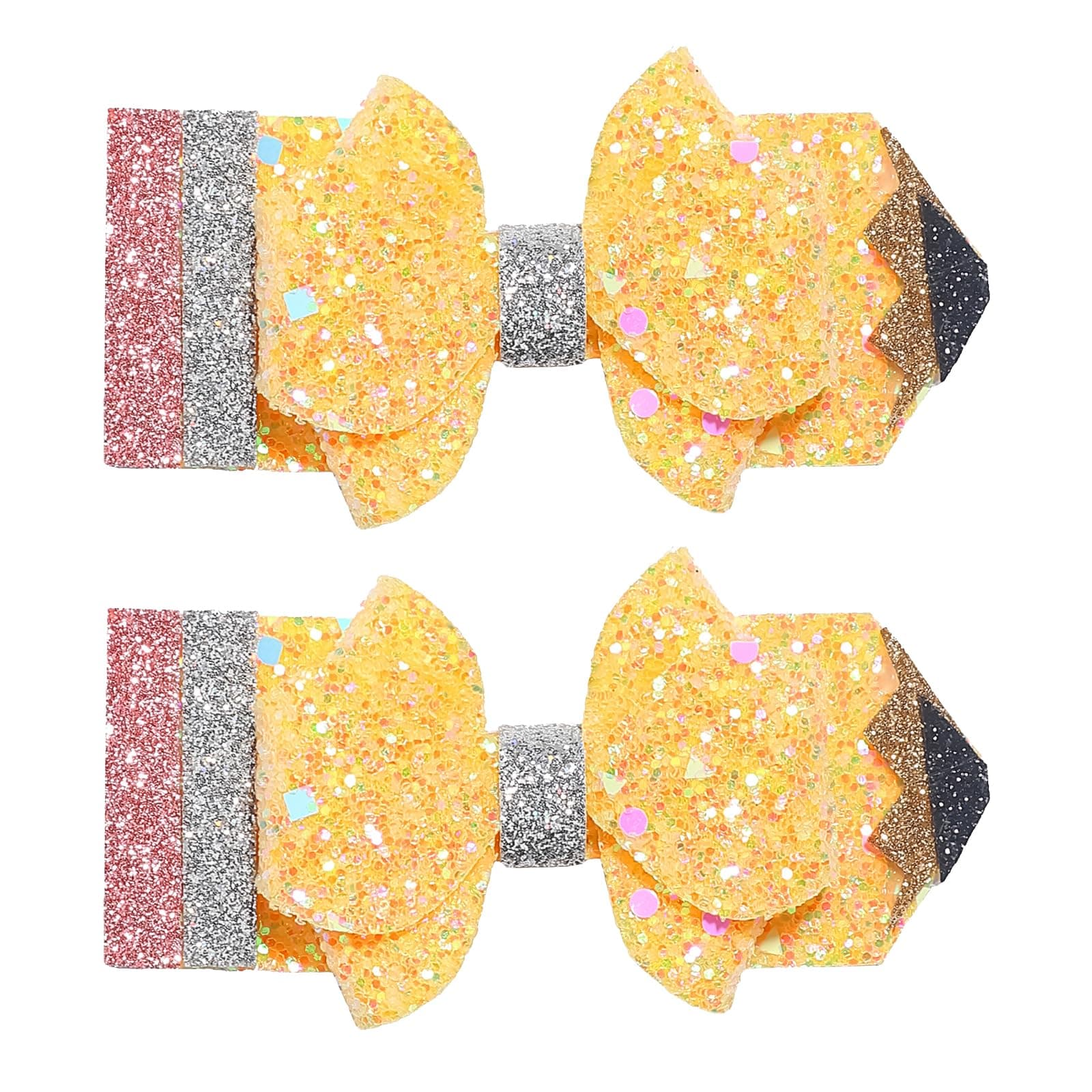 Back to School Pencil Hair Bows Clips for Baby Girls Sparkly Yellow Hair Bow Alligator Clips for First Day of School Kindergarten 1st 2nd 3rd 4th 5th Grade Students Hair Decoration 2PCS(Type C)