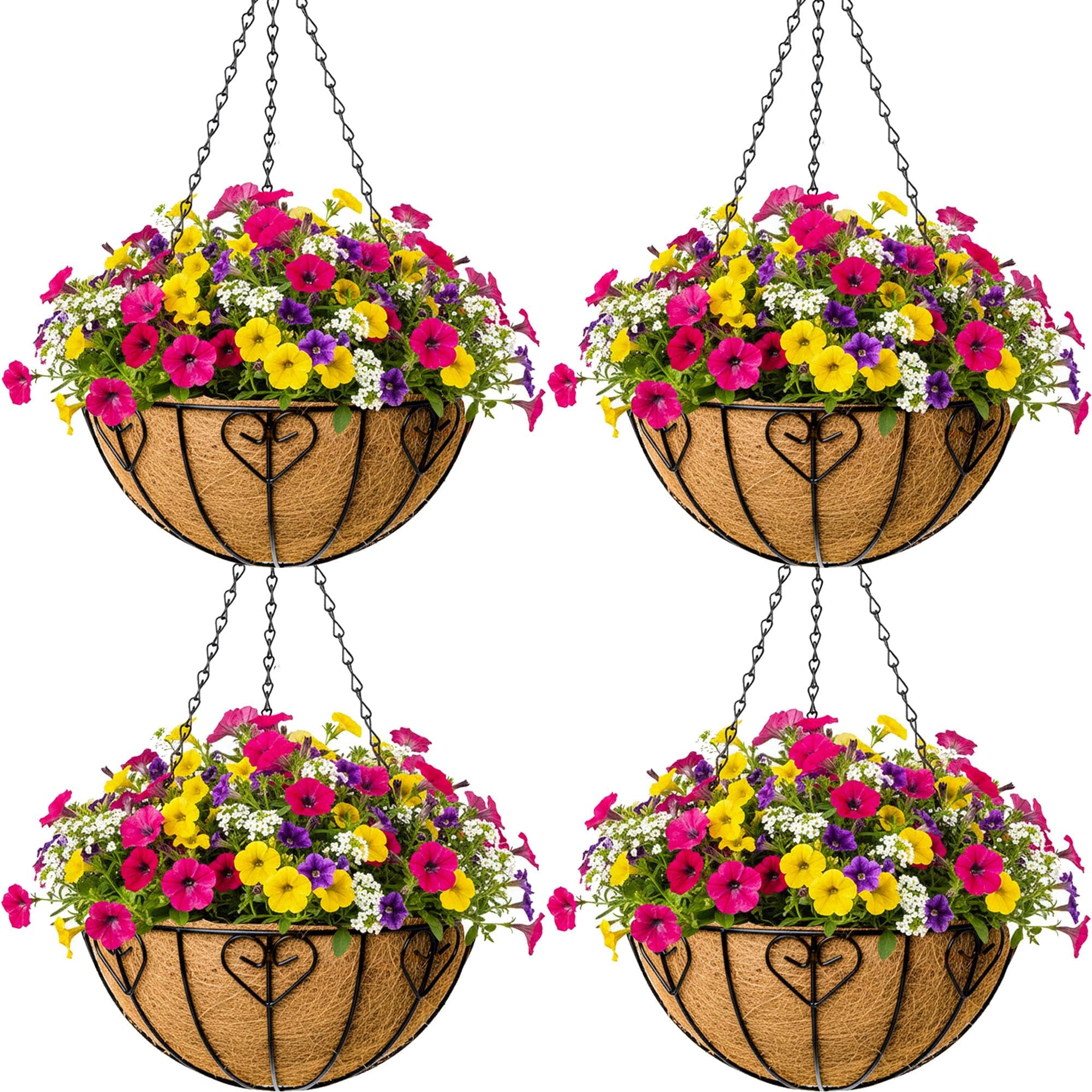 SMYAXUNW 4pcs 16 inch Metal Hanging Baskets Round Wire Plant Stand with Coco Lining Cushion Decorative Planter Hanger Garden Indoor Outdoor Watering Hanging Basket （AX）