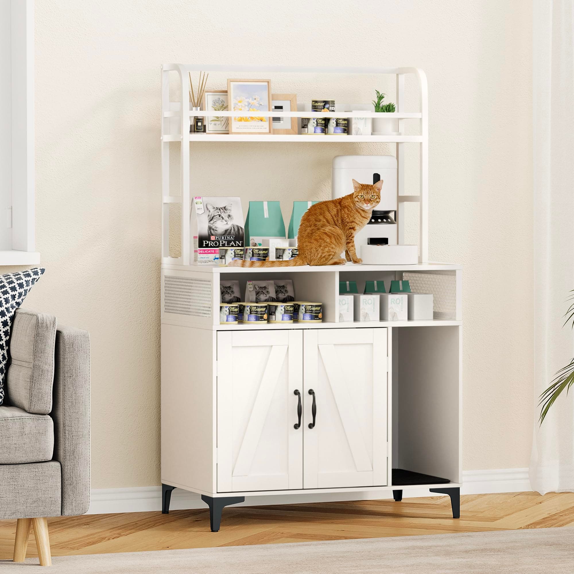 GOCAPTAIN Cat Litter Box Enclosure with Shelf Storage, Hidden Litter Box Furniture, Large Hidden Cat Litter Box Enclosure Furniture, Wood Cat Washroom Storage, Indoor Cat House Furniture,White