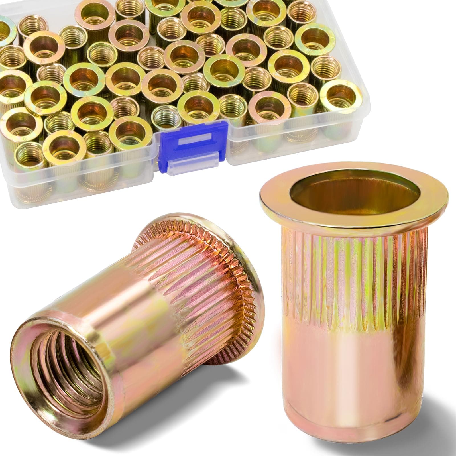 Vifmy 50Pcs M10 Rivet Nuts, Metric Zinc Plated Finish Carbon Steel Flat Head Threaded Insert Nutsert Kit