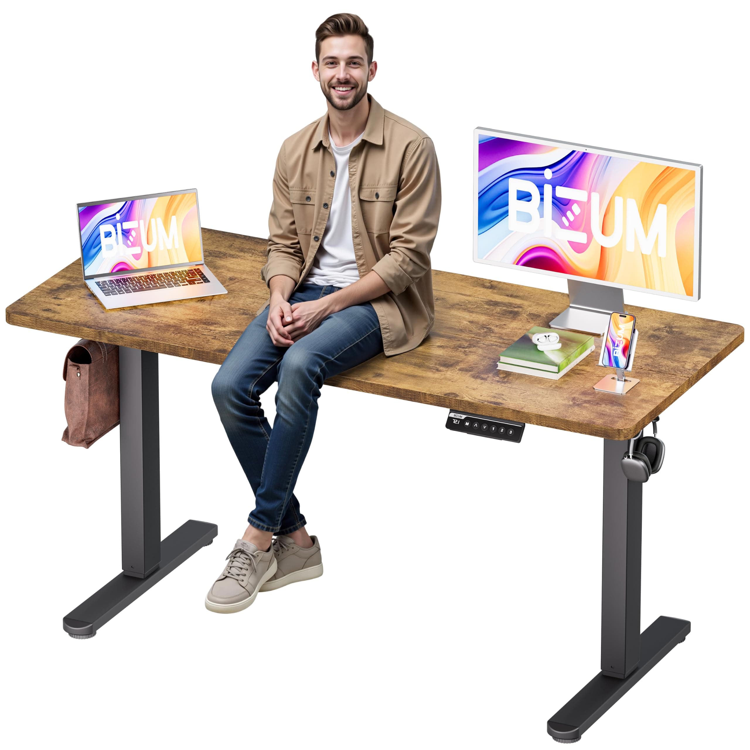 BIZUM Electric Standing Desk, 55x24 inches (140x60cm) Height Adjustable Desk, Rustic Brown Sit to Stand Desk Memory Gaming Computer Workstation for Home Office