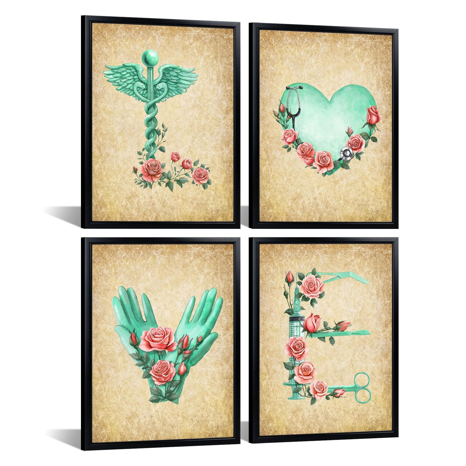 Canvbay 4 Pieces Teal Love Wall Art Medical Office Wall Decor Set Flower Caduceus Stethoscope Heart Anatomy Syringe Painting Print on Canvas for Home Hospital Clinic Black Framed 12x16inchx4pcs