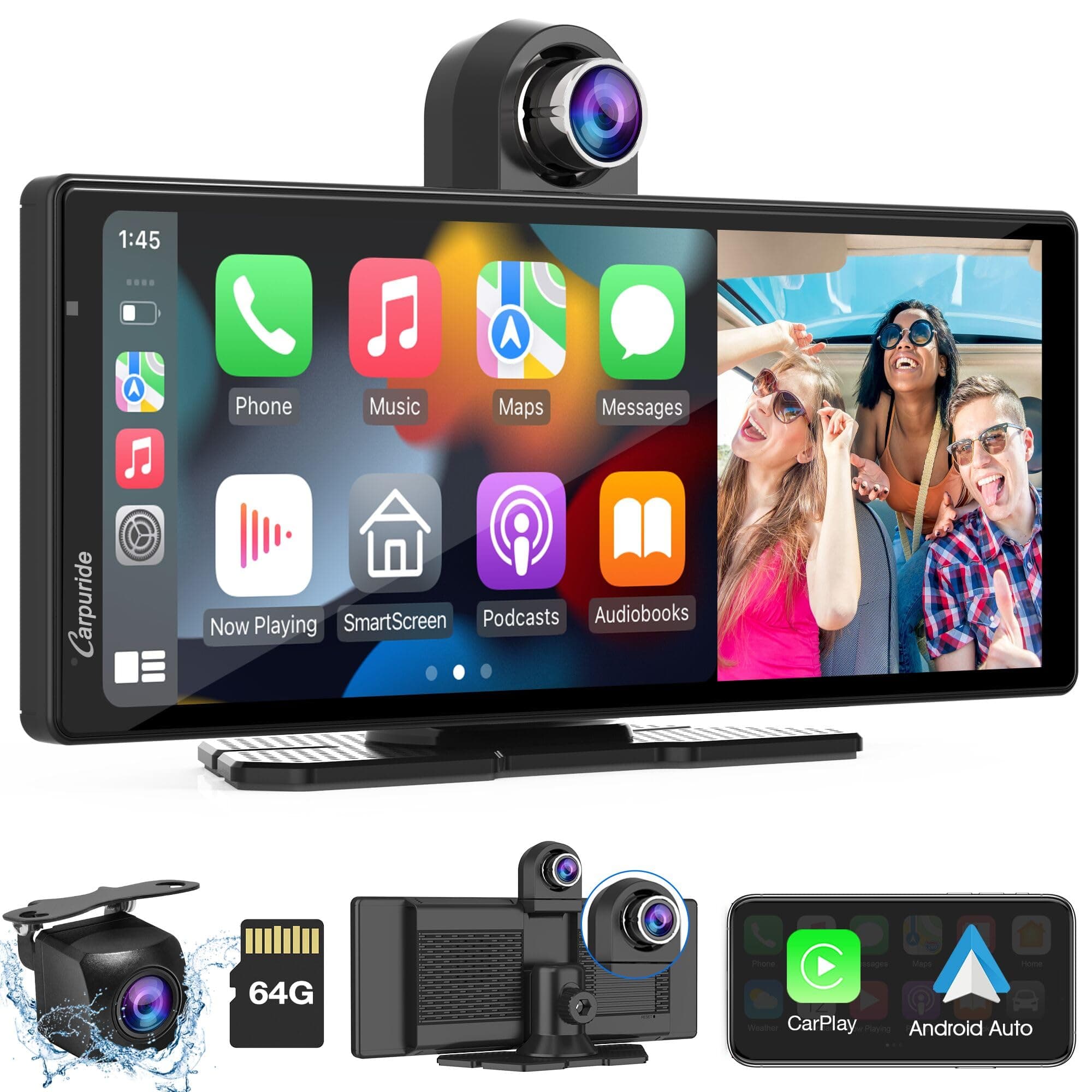 CARPURIDE W903 Portable Wireless Apple Carplay & Android Auto with Dash Cam - 9.3" HD IPS Screen, 1080p Front & Backup Camera, Loop Recording, Bluetooth, Mirror Link, GPS, Siri, Dashboard Mounted