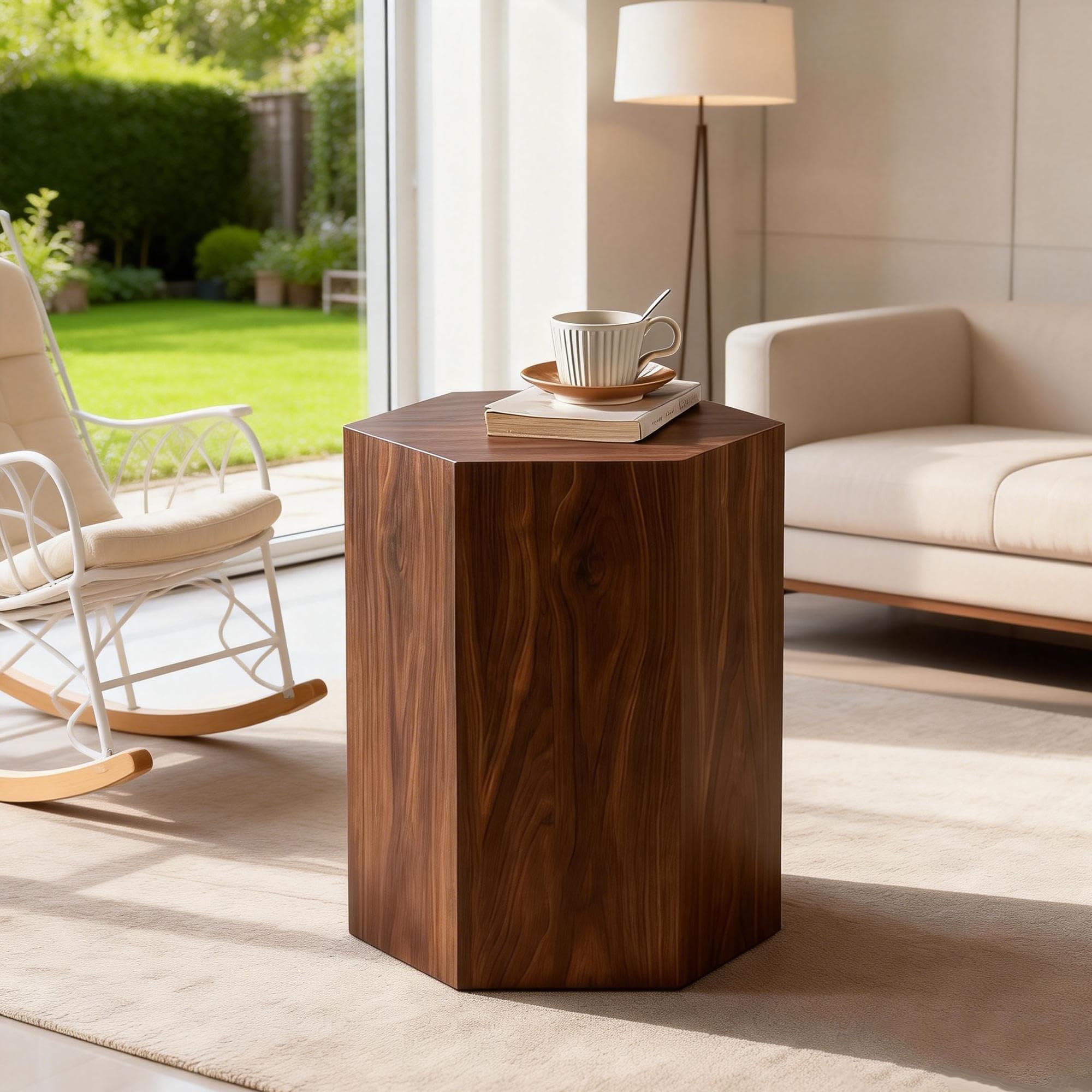 Moouhgsa Hexagonal Wooden Center Coffee Tables for Bedroom, Modern Farmhouse Table Mid Century Vintage Table for Office, Lounge, Walnut