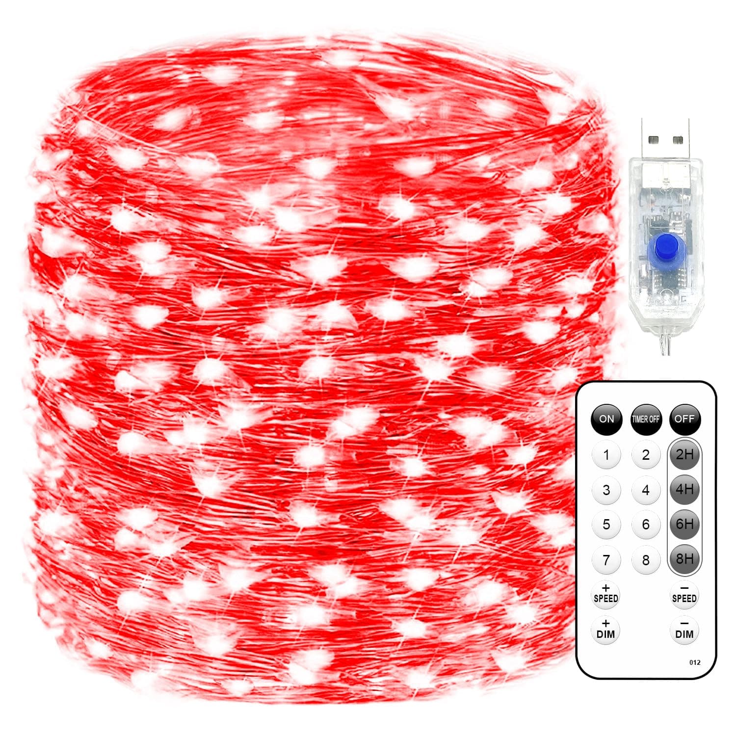 Fairy Lights 66ft 200 LED USB Twinkle String Lights Plug in Silver Wire Lights with Remote and Timer 8 Modes Outdoor Waterproof Starry Lights DIY Party Wedding Christmas Decoration（Red）