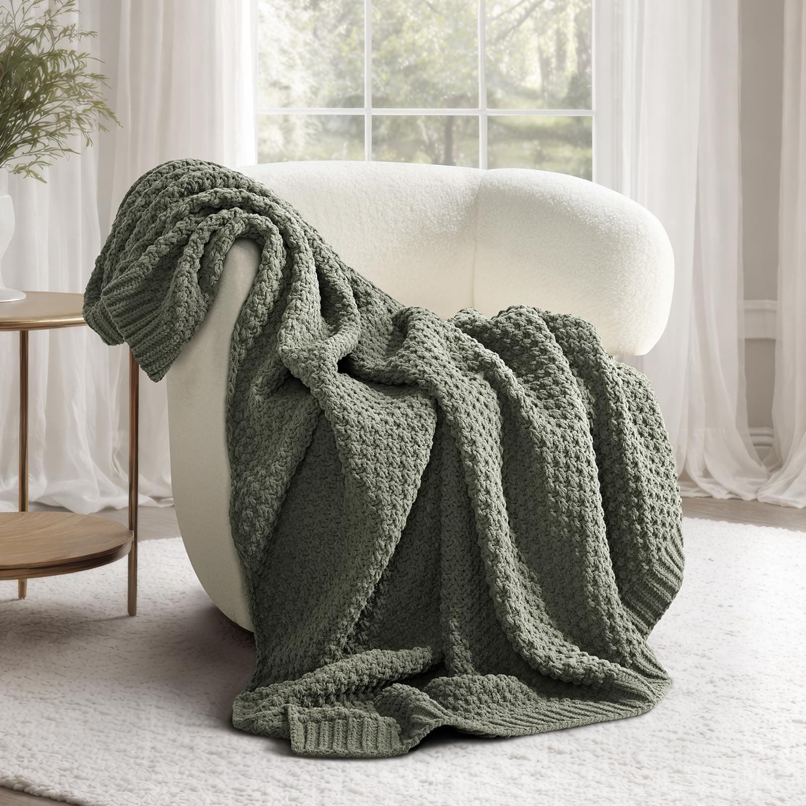 EVERGRACEHOME Chunky Chenille Knit Throw Blanket, 50x60, Dried Thyme Green