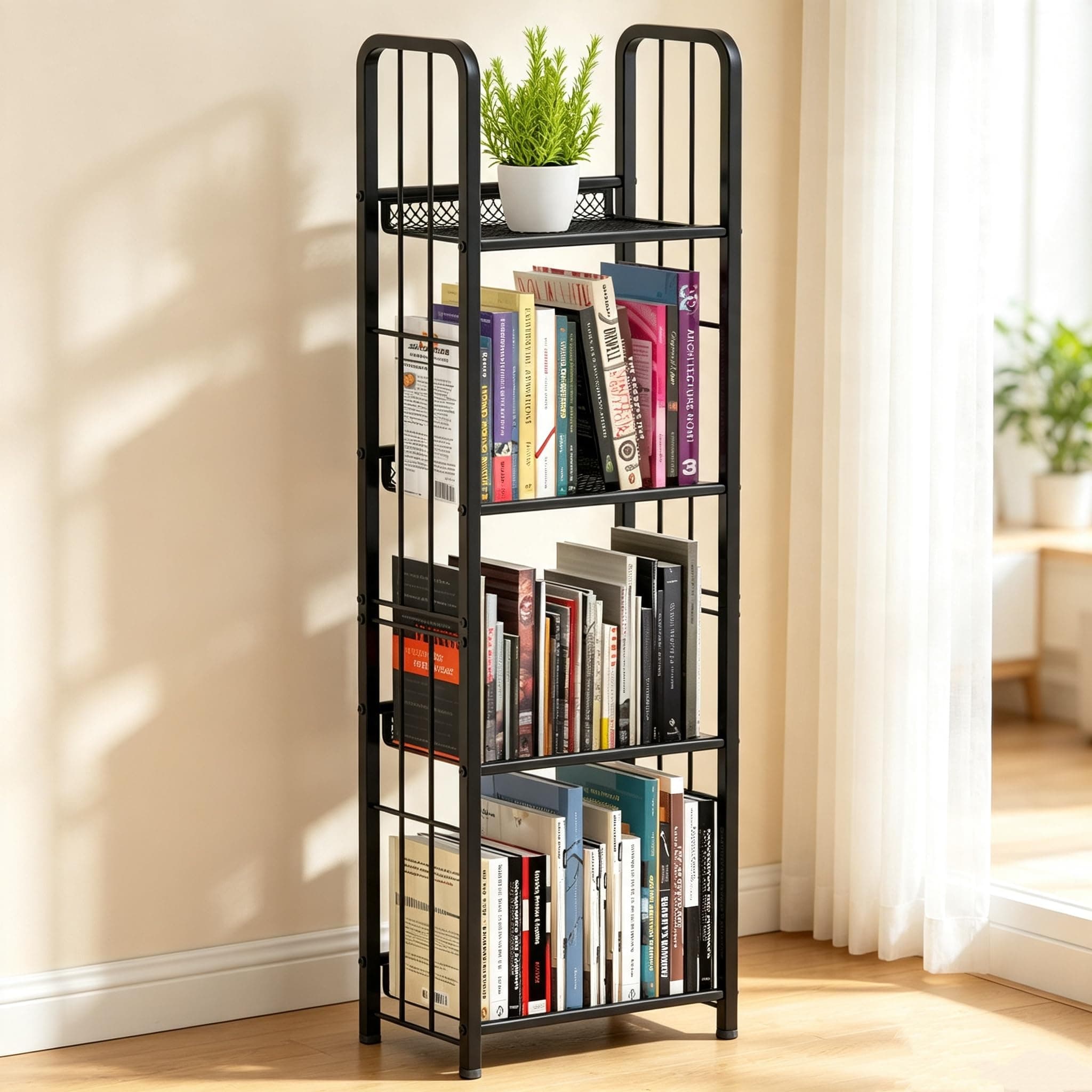 Azheruol Bookshelf Vertical Storage Freestanding Storage Stand for Living Room, Bedroom, Kitchen, Rust Resistance, Easy Assemblyl Free CombinationMulti-Functional Organizer (4 Tiers, Black)