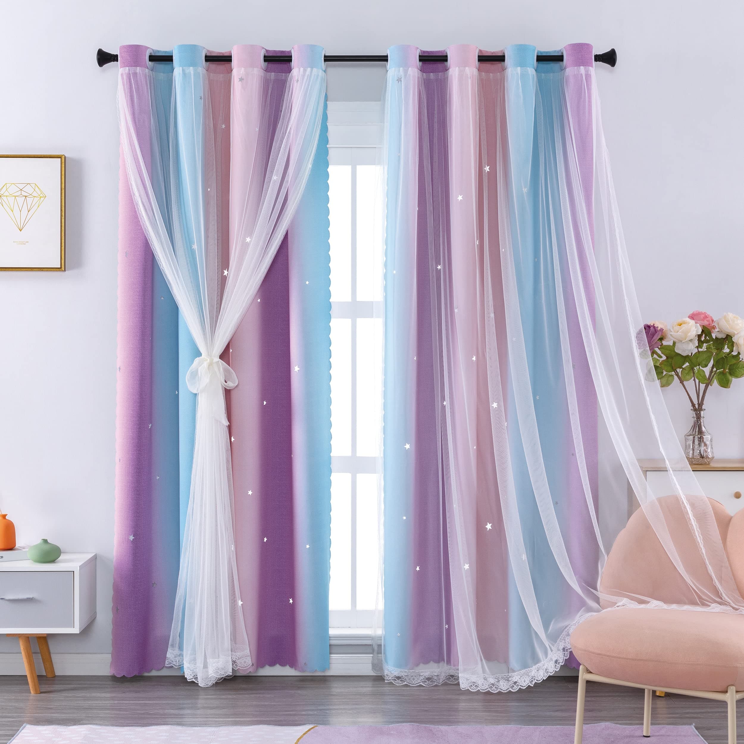 XiDi Kids Curtains 84 Inch Long for Girls Bedroom Rainbow Blackout Curtains