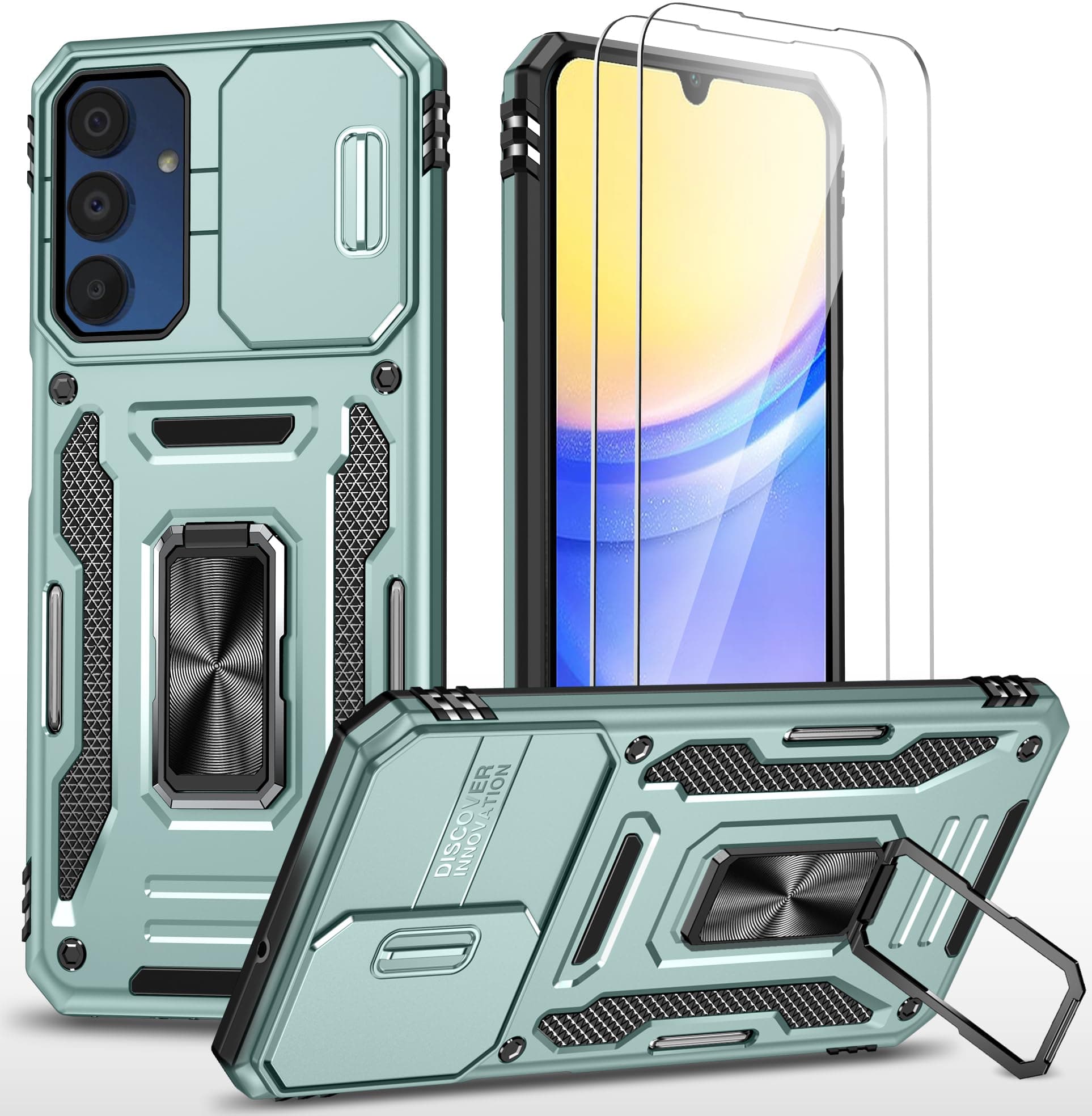 Ezanmull for Samsung Galaxy A15 5G Case with Slide Camera Cover + Screen Protector(2 Packs), Rotated Ring Kickstand Military Grade Shockproof Protective Cover for Samsung Galaxy A15 5G (Green)