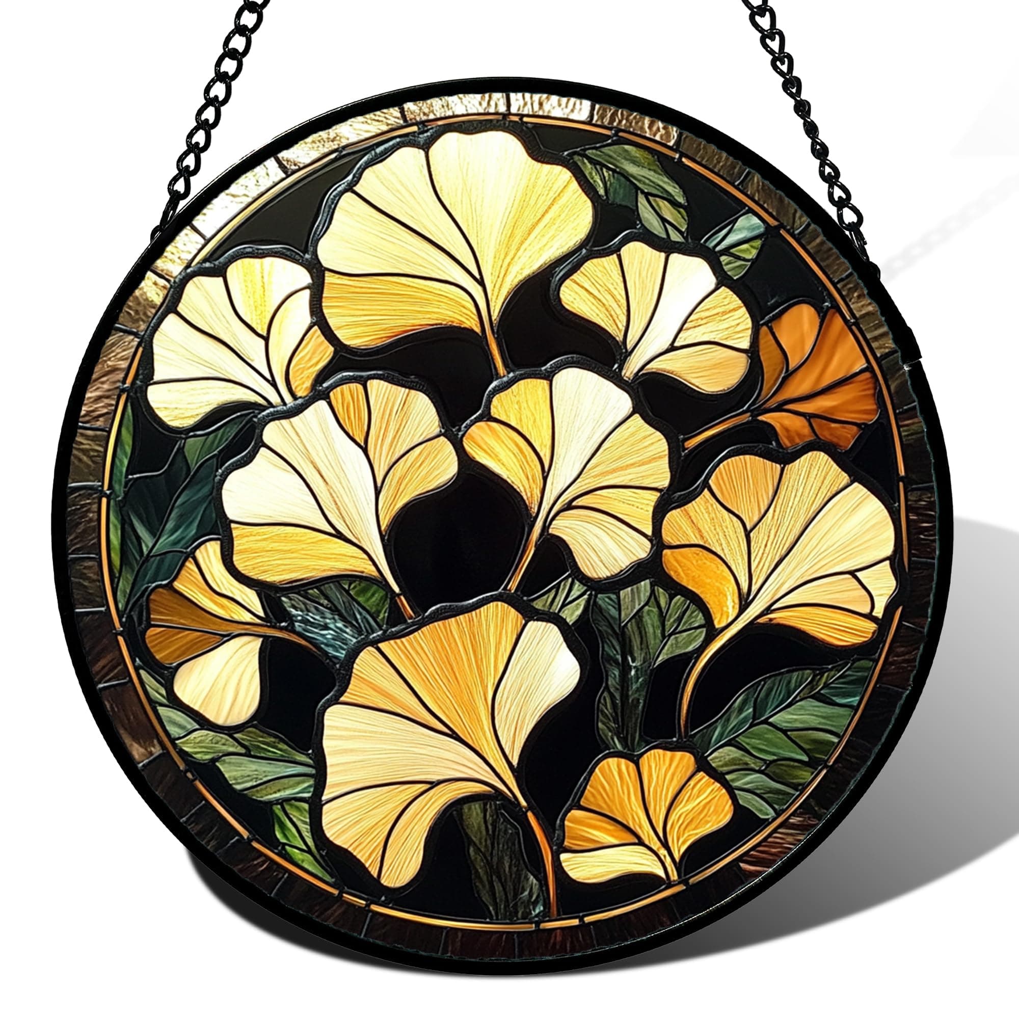 CRISGIF Stained Glass Window Hanging - Ginkgo Leaf Suncatcher for Doors Garden Patio Retro Fall Decor Sun Catchers Christmas Mother's Day Birthday Gifts for Women Men Mom Nana Friend 7.8 in