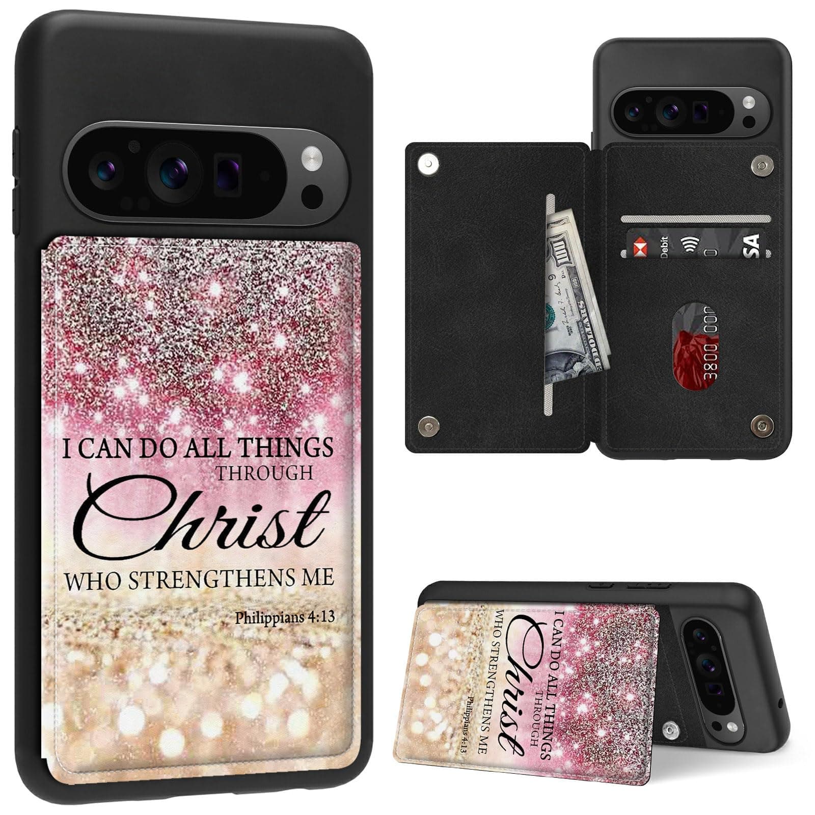 FUYOCWE Case for Google Pixel 9 Pro XL Wallet Phone Case with Card Holder,I can do All Things Through Christ PU Leather Kickstand Card Slot Cover for Women Men (Dual Magnetic Clasp+RFID Blocking)