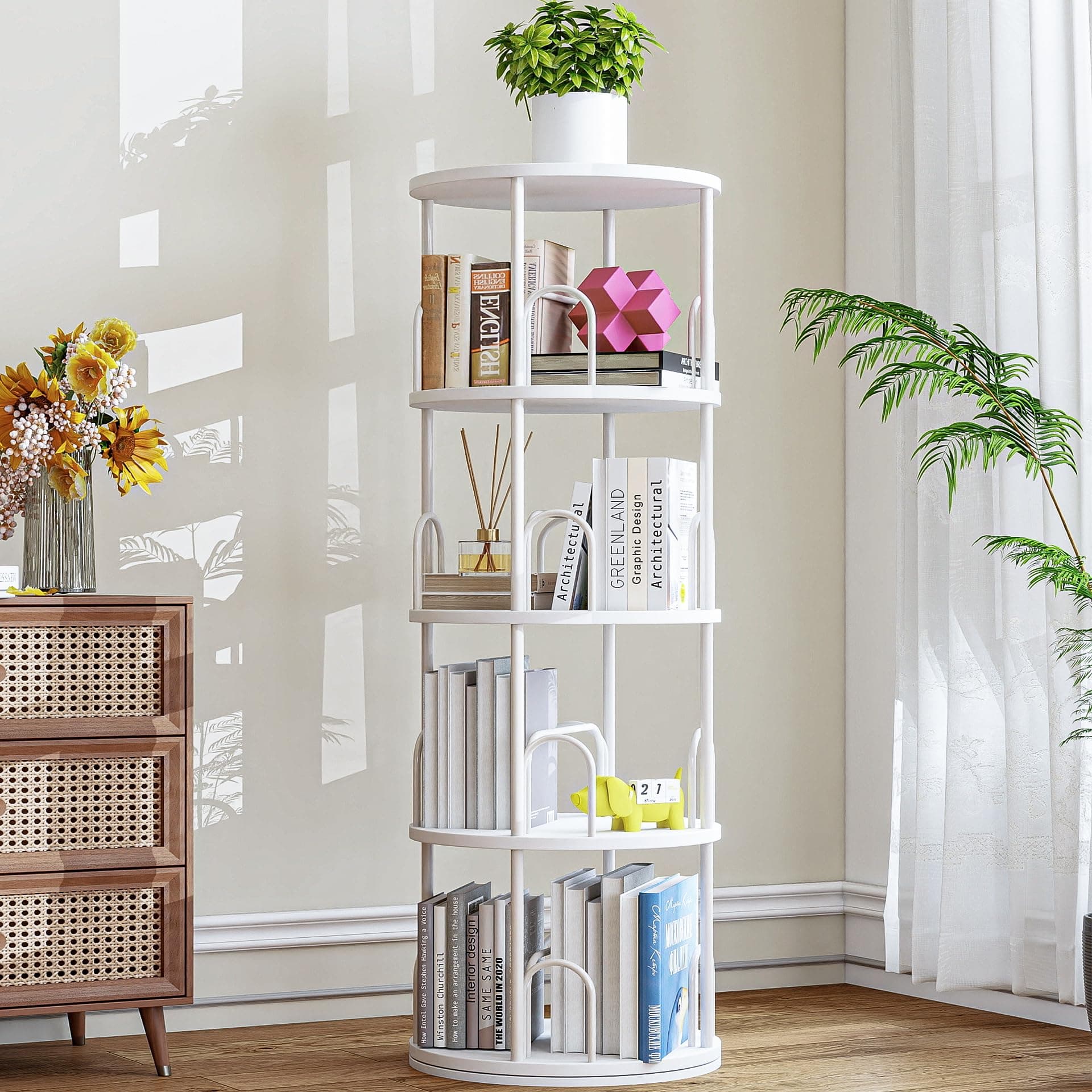 4-Tier 360° Rotating Kids White Bookshelf, Corner Display Bookcase, Multi-Purpose Toy & Book Storage Shelf, Freestanding Revolving Storage Rack for Kids Room, Bedroom, Living Room, Home Study & Office