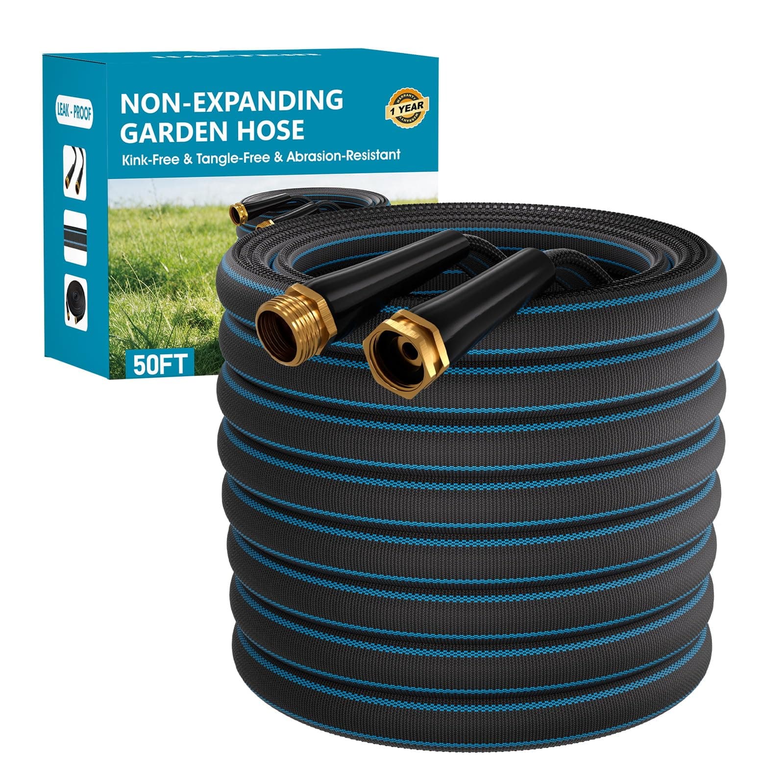 Haeteir 50ft Non-Expanding Garden Hose, Lightweight & Kink-Free, Flexible Heavy Duty Water Hose for Lawn, Yard, Car Washing (3/4" Solid Brass Fittings, Crush-Resistant)-08