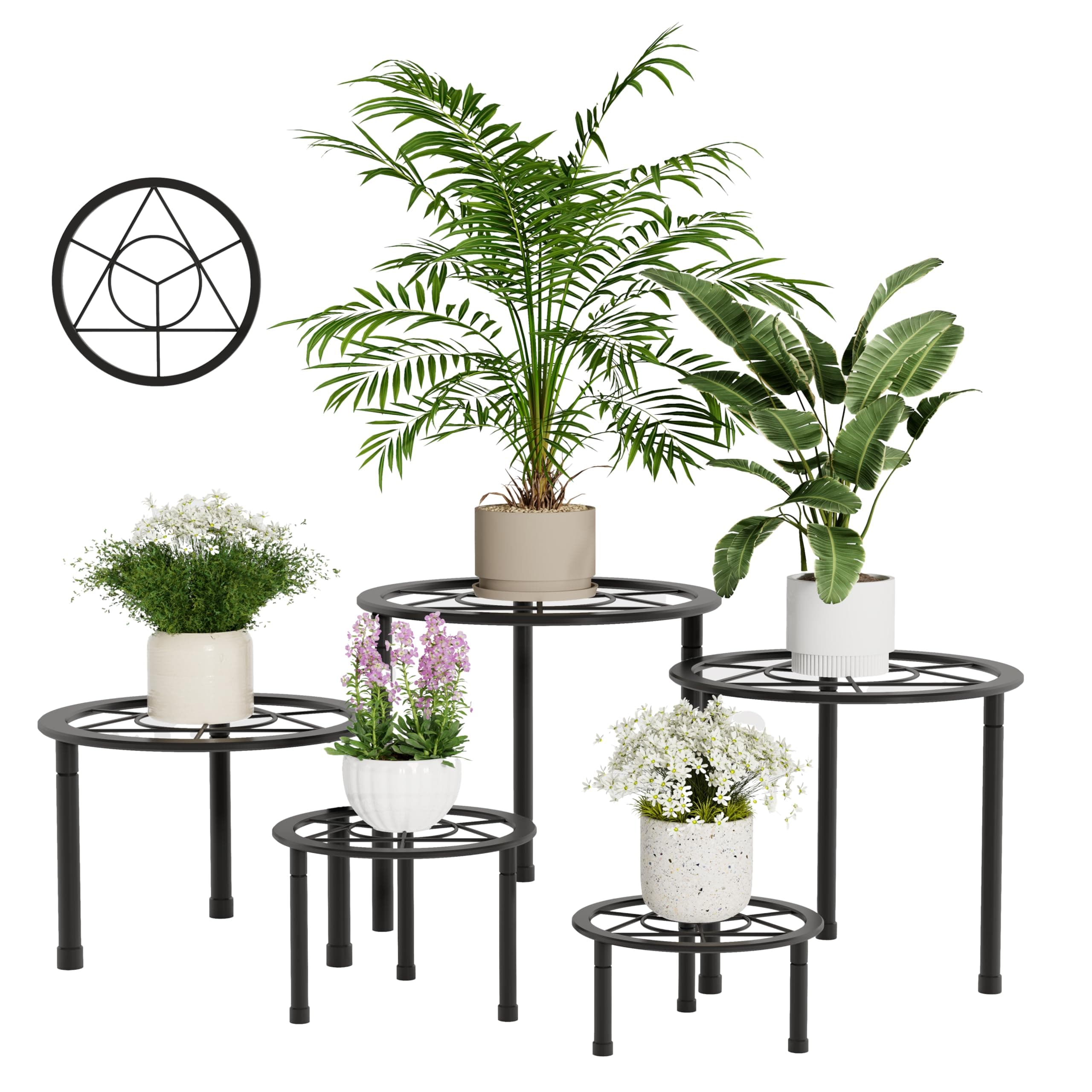 CANGSYL Modern Geometric Plant Stand Set, Black Metal Round Holders with Stands, Indoor Decorative Flower Pot Display Rack, 5 Pack