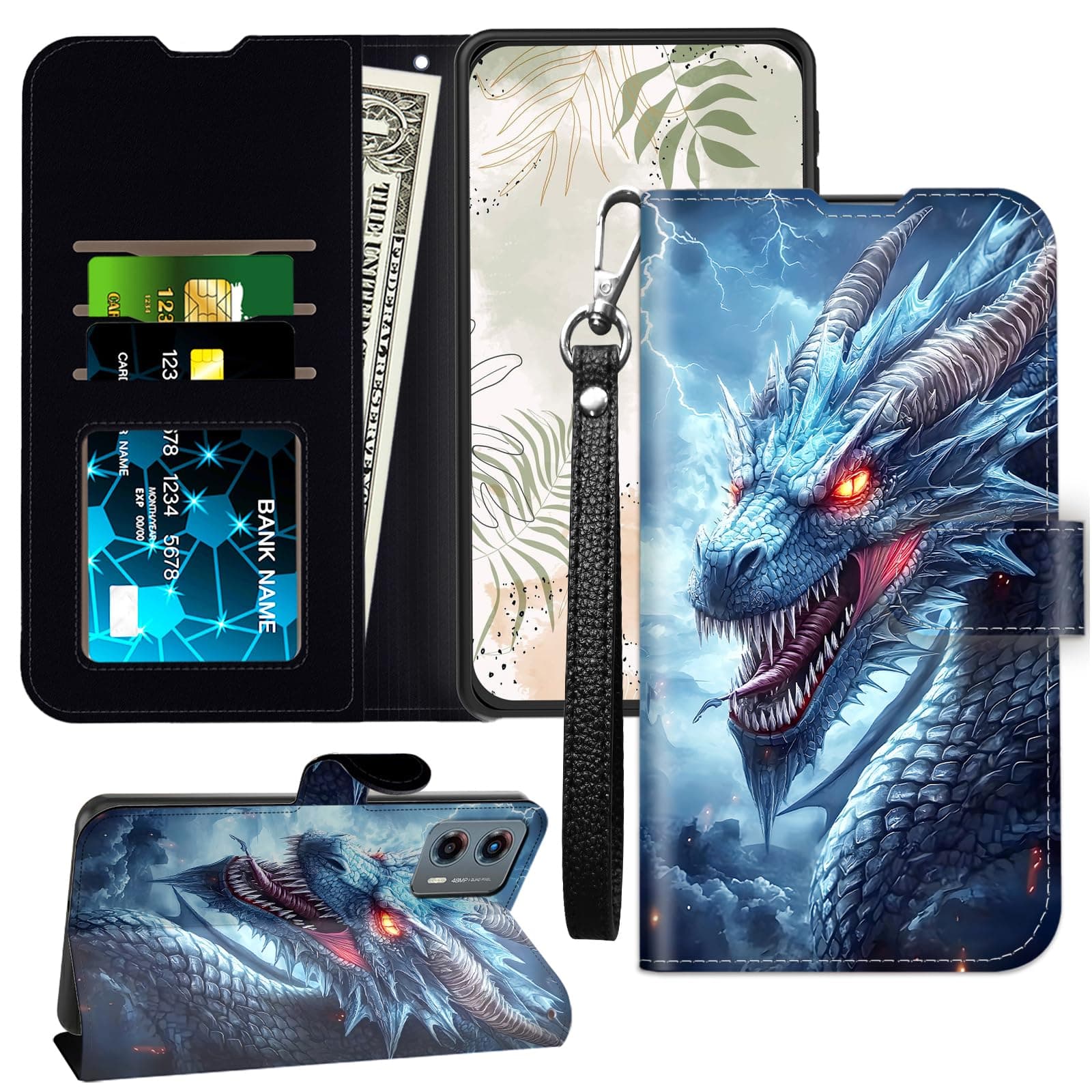 JANENFNA Wallet Case for Motorola Moto G 5G 2023 with RFID Blocking Card Slots Stand - Leather Flip Cover for Women (Men) Shockproof Protective for Moto G 5G 2023 Case,Ice Dragon