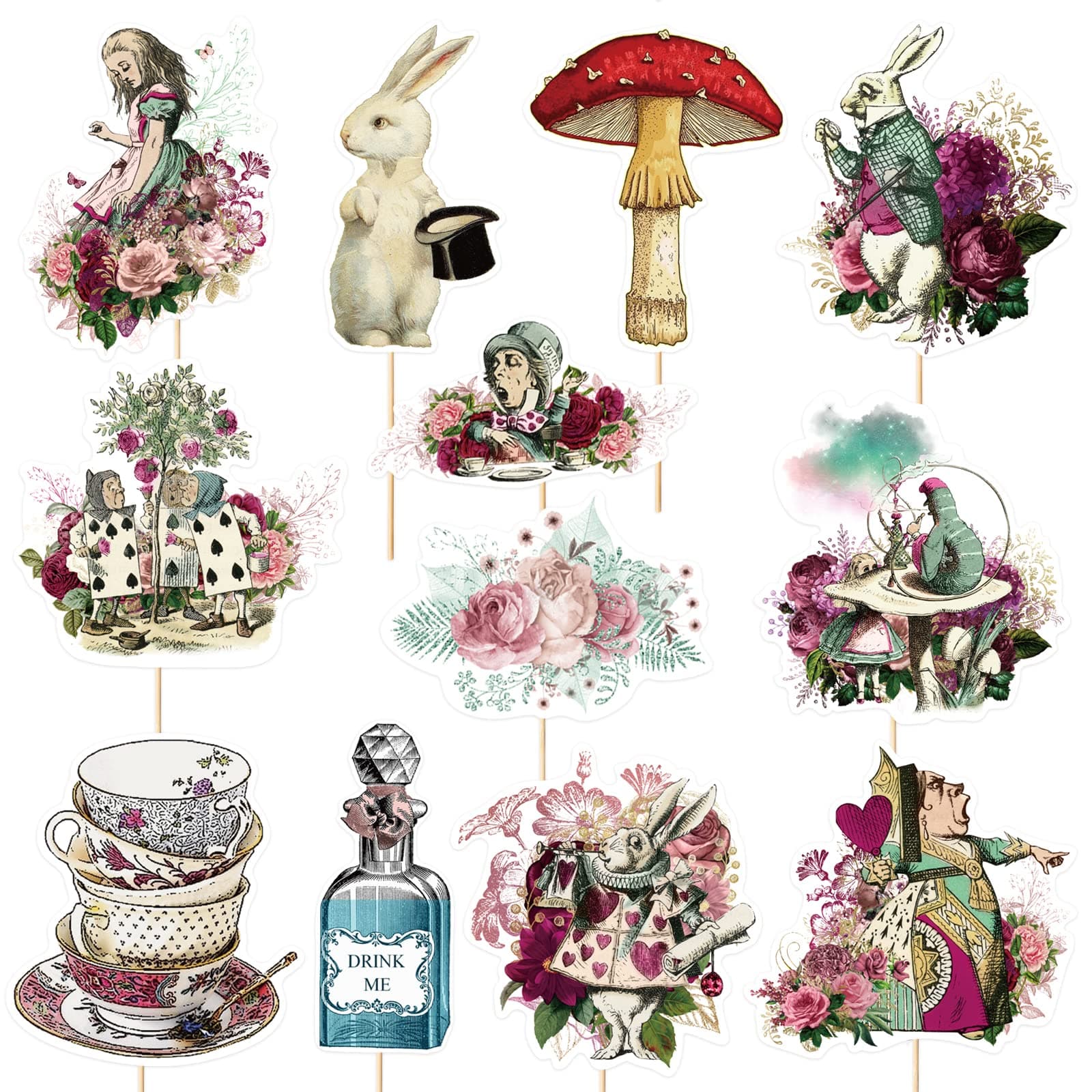 ceiba tree Alice Tea Party Photo Booth Props, 12PCS Multicolor Cardstock Photo Props & Signs Decorations for Mad Hatter Party, Birthday, Baby Shower, Garden
