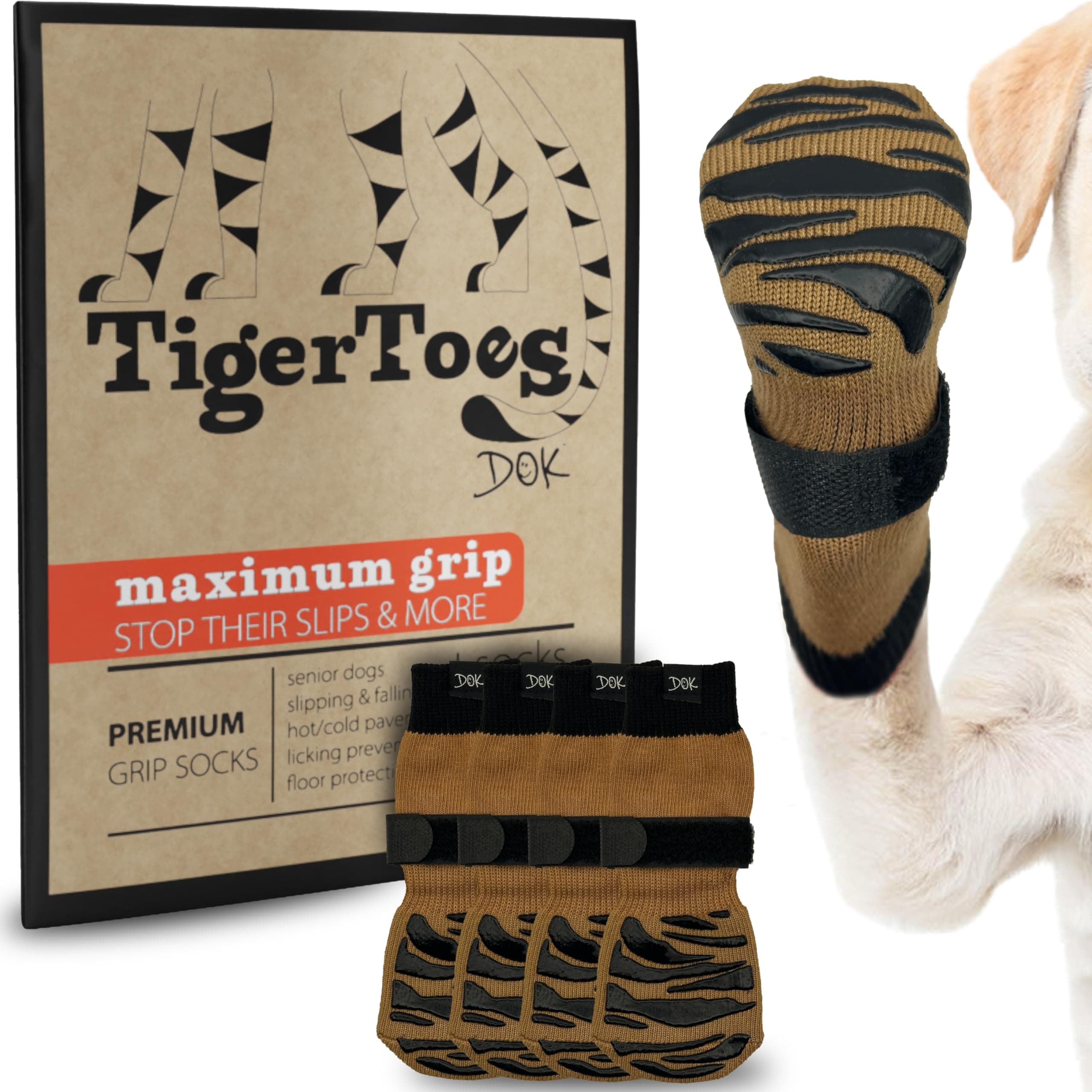 DOK TigerToes Premium Non-Slip Dog Socks for Hardwood Floors - Extra-Thick Grip that Works Even When Twisted - Prevents Licking, Slipping, and Great for Dog Paw Protection (XS, Cool Caramel)