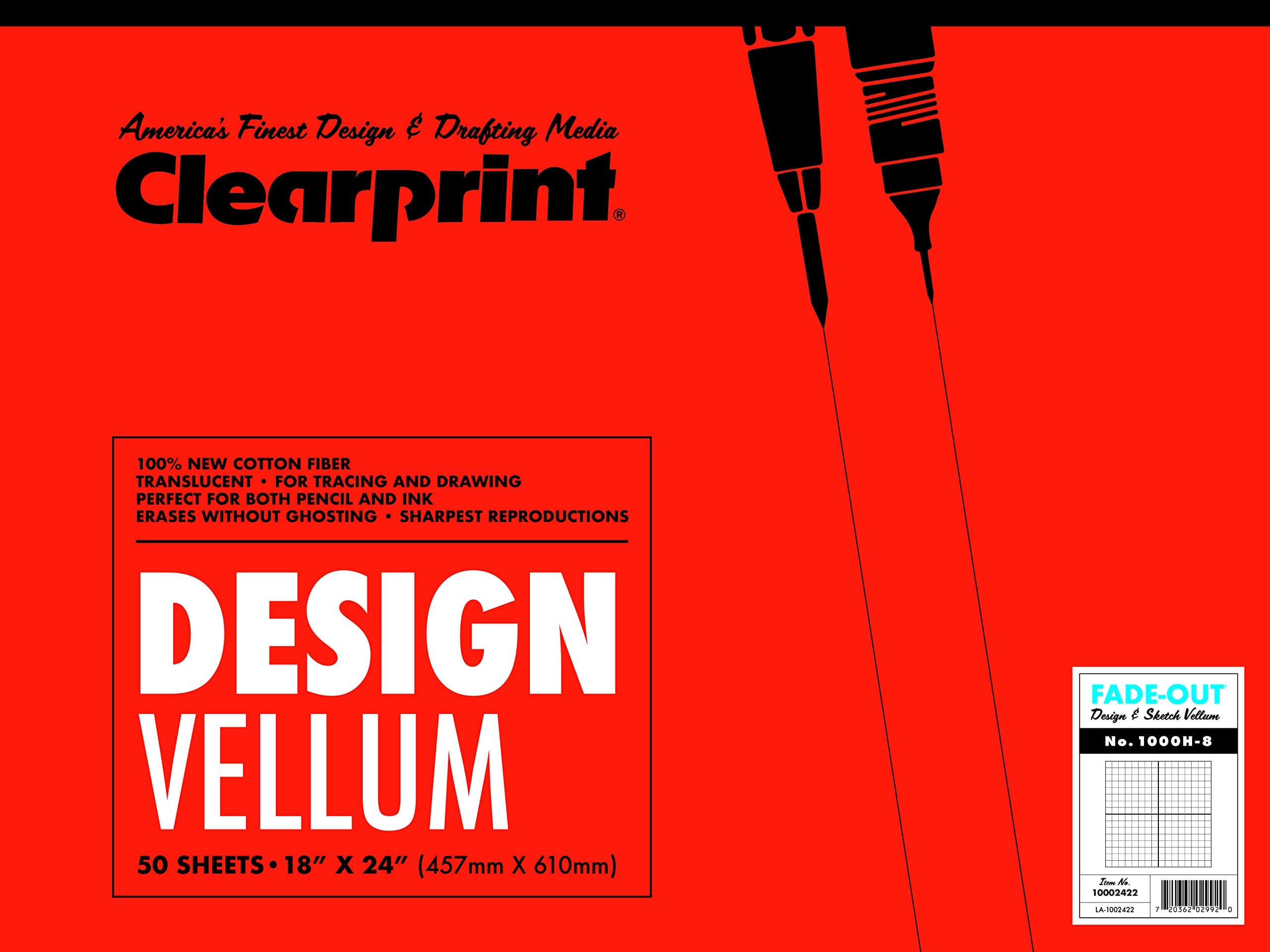 Clearprint Vellum Pad with 8x8 Fade-Out Grid, 18x24 Inches, 16 LB, 60 GSM, 1000H 100% Cotton, 50 Translucent White Sheets, 1 Each (10002422)