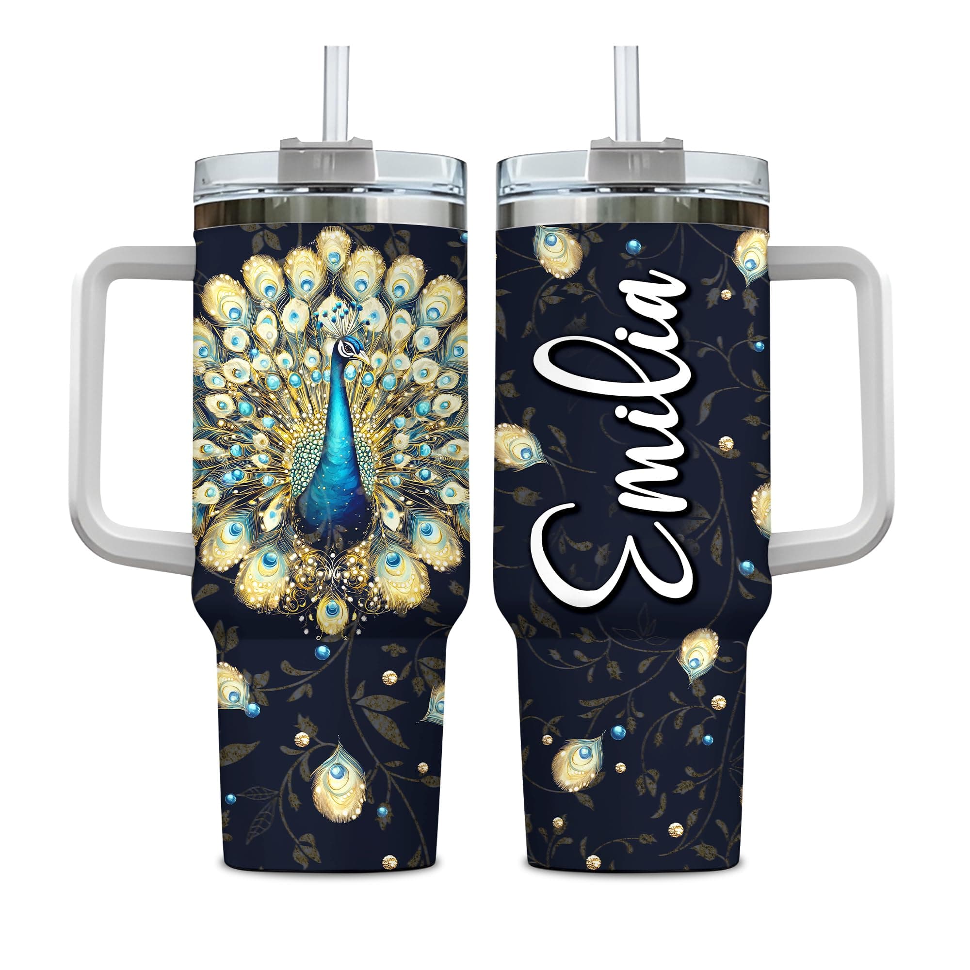 Hyturtle Personalized Peacock Tumbler - Floral Peacock Gifts For Women - Feathers Animal Present For Peafowls Lover Her - Mothers Day Present For Mom - Custom Travel Coffee Cup 40 oz With Lid Straw