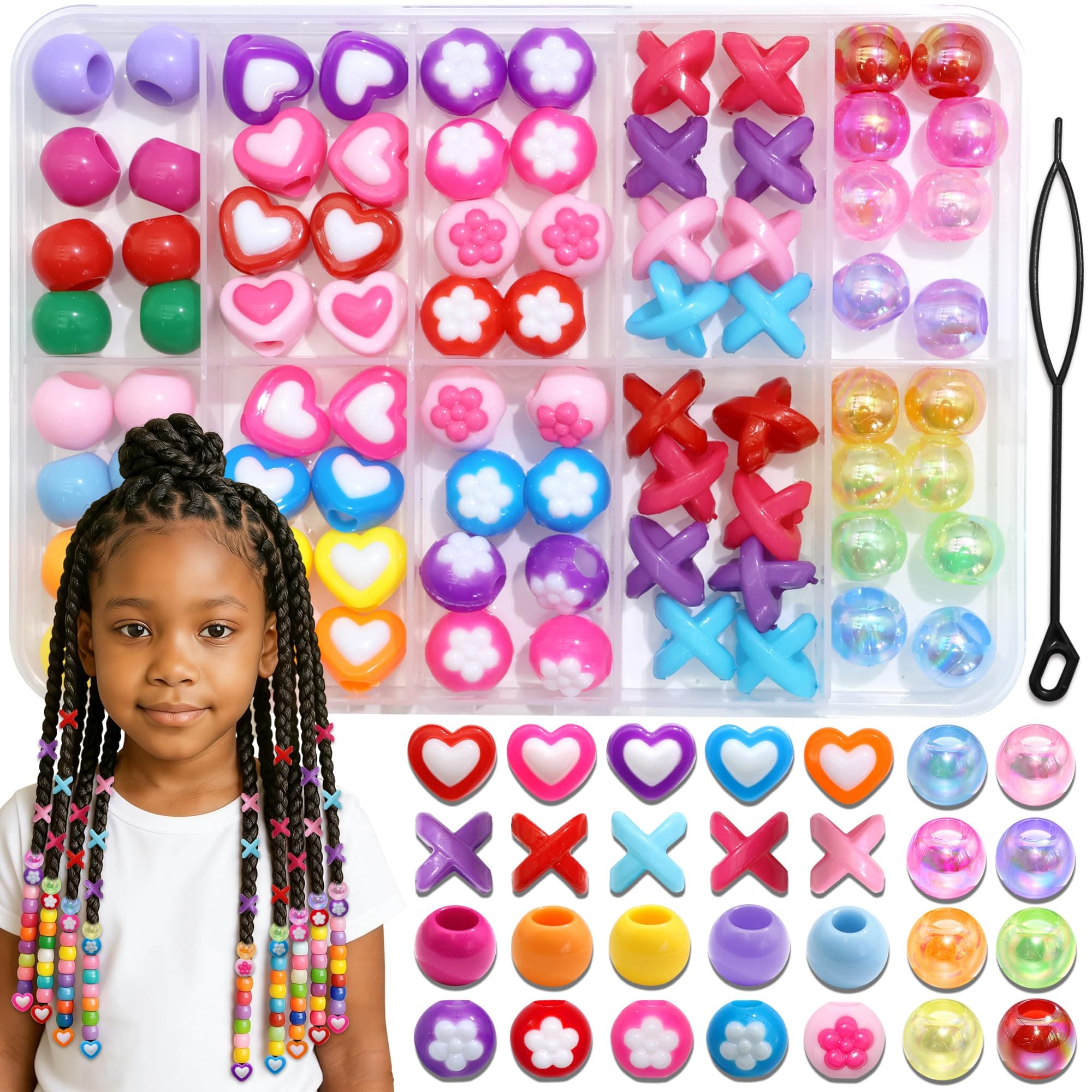 NAISKA 80PCS Colorful Beads for Hair Cute Heart Flower Hair Beads Pony Bead